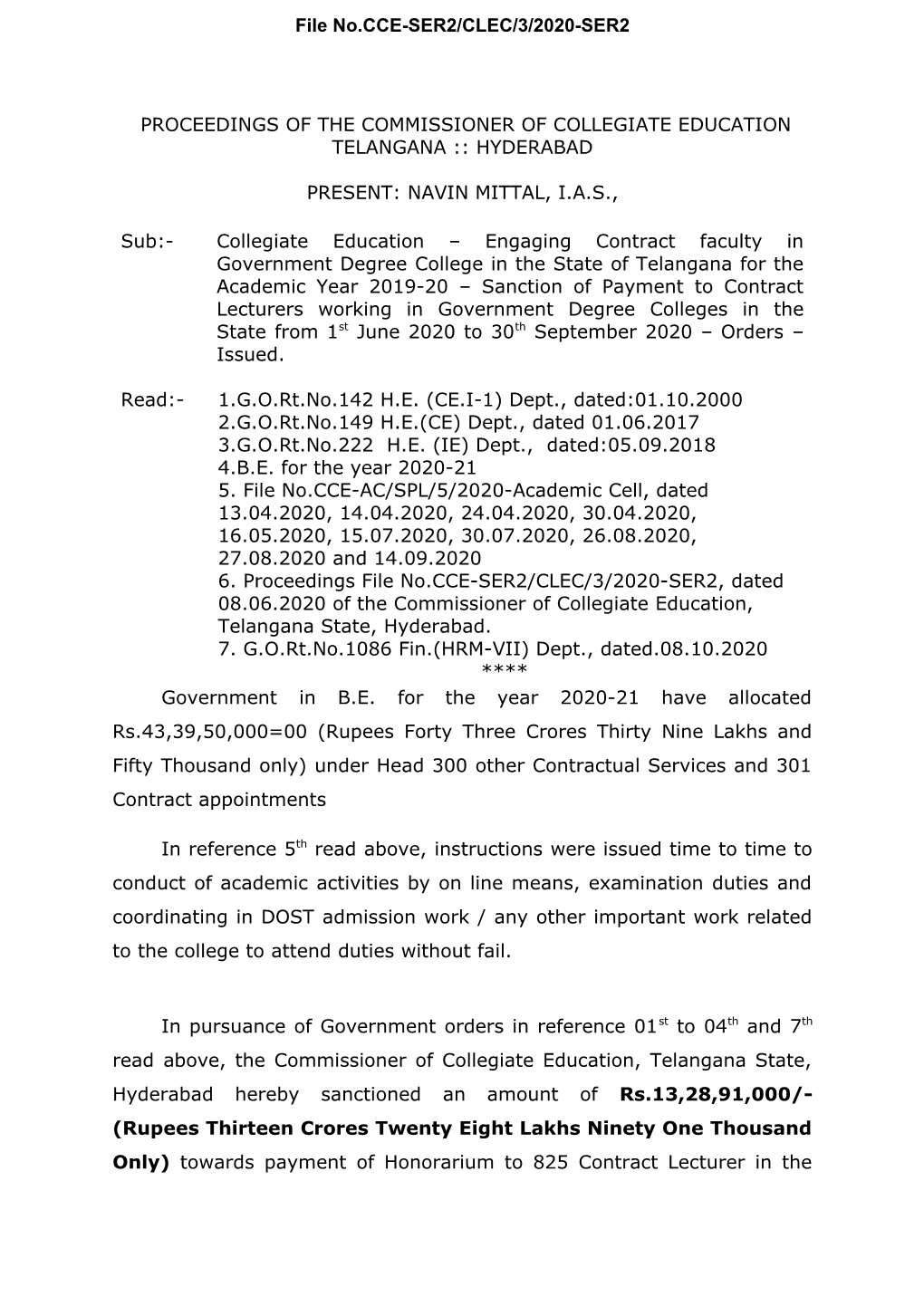 Proceedings of the Commissioner of Collegiate Education Telangana :: Hyderabad