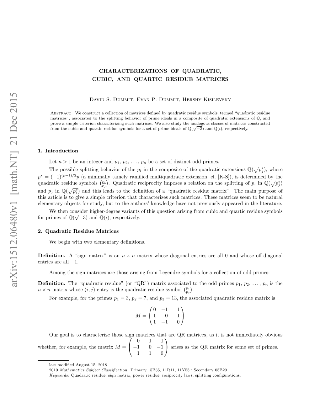 Arxiv:1512.06480V1 [Math.NT] 21 Dec 2015 N Deﬁnition