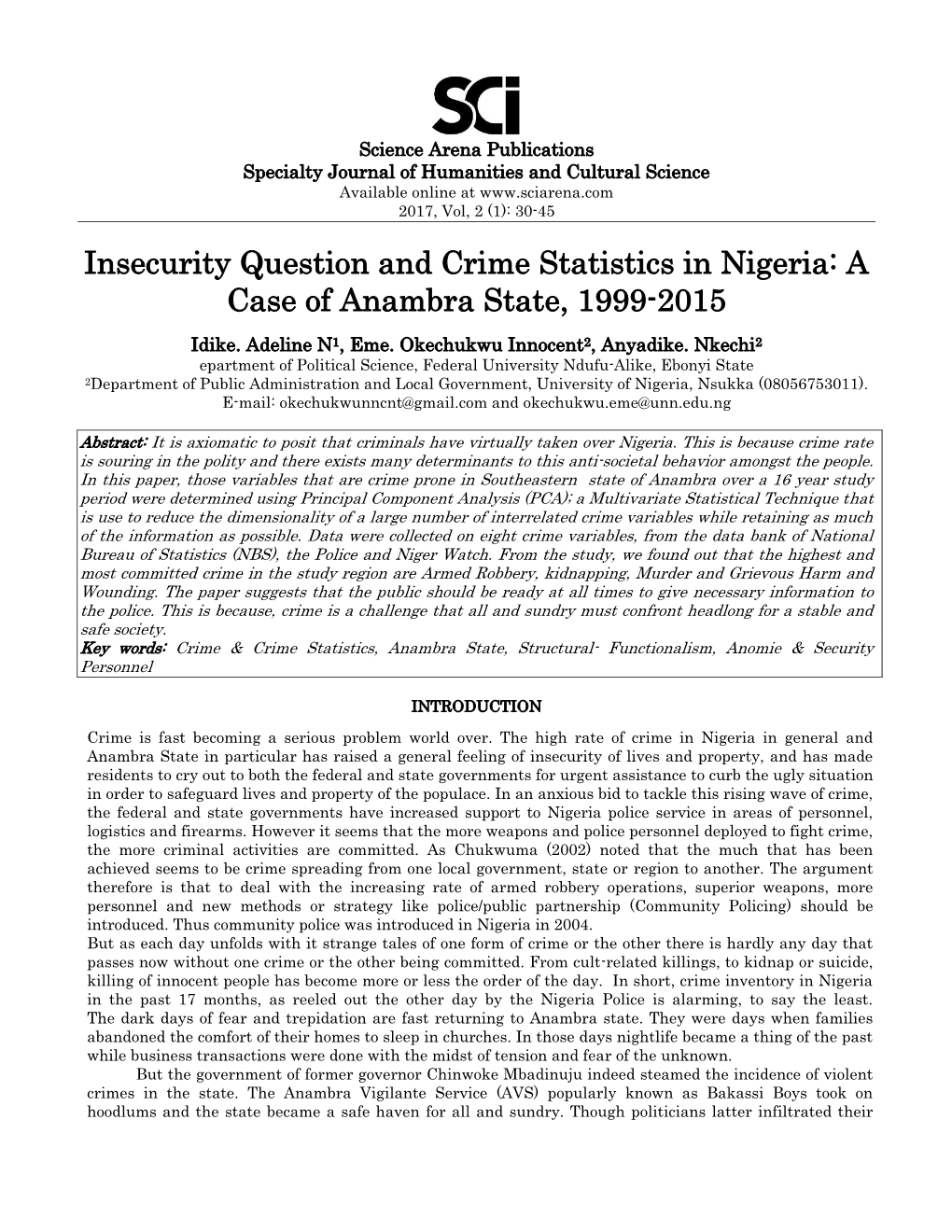 Insecurity Question and Crime Statistics in Nigeria: a Case of Anambra State, 1999-2015