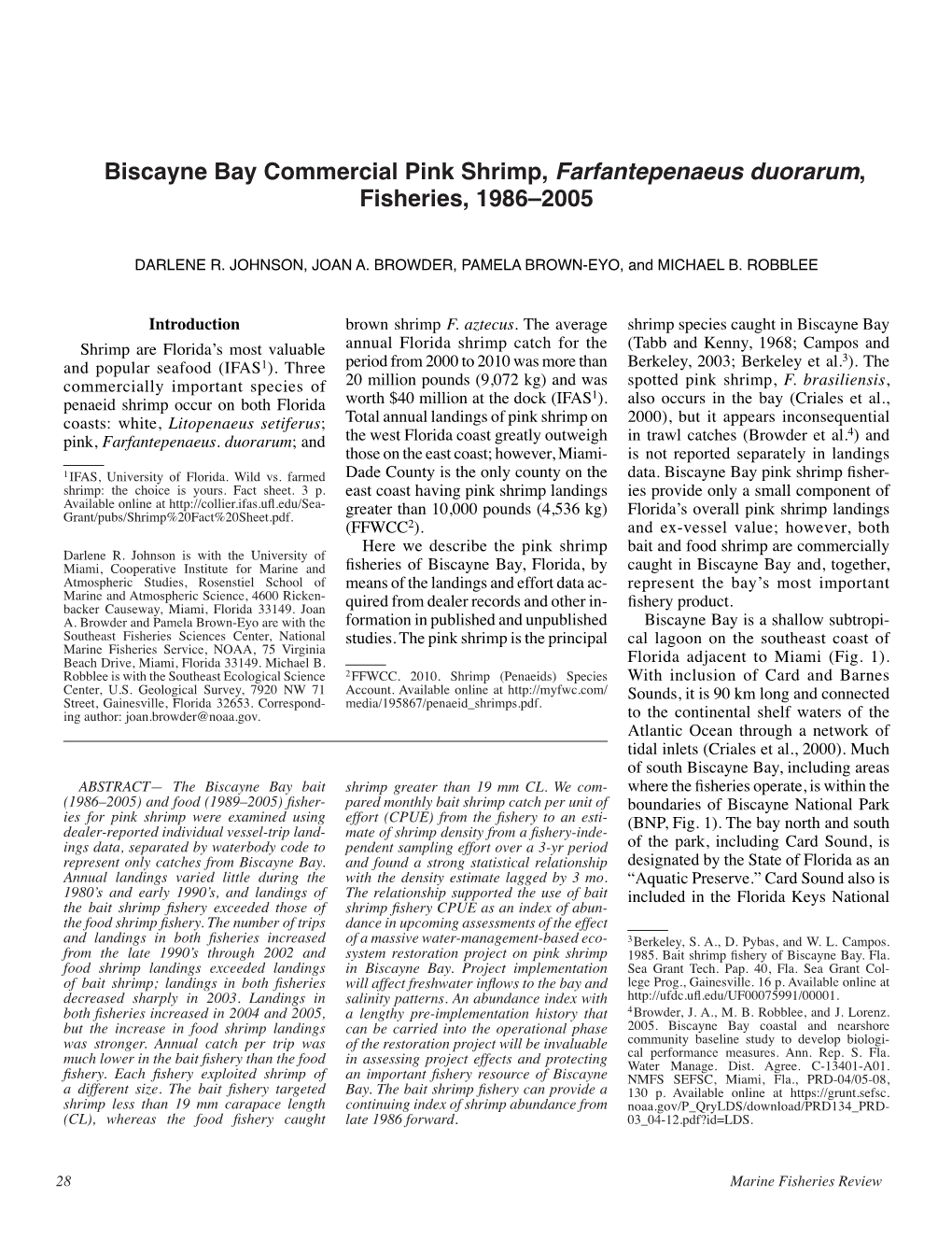 Biscayne Bay Commercial Pink Shrimp, Farfantepenaeus Duorarum, Fisheries, 1986–2005