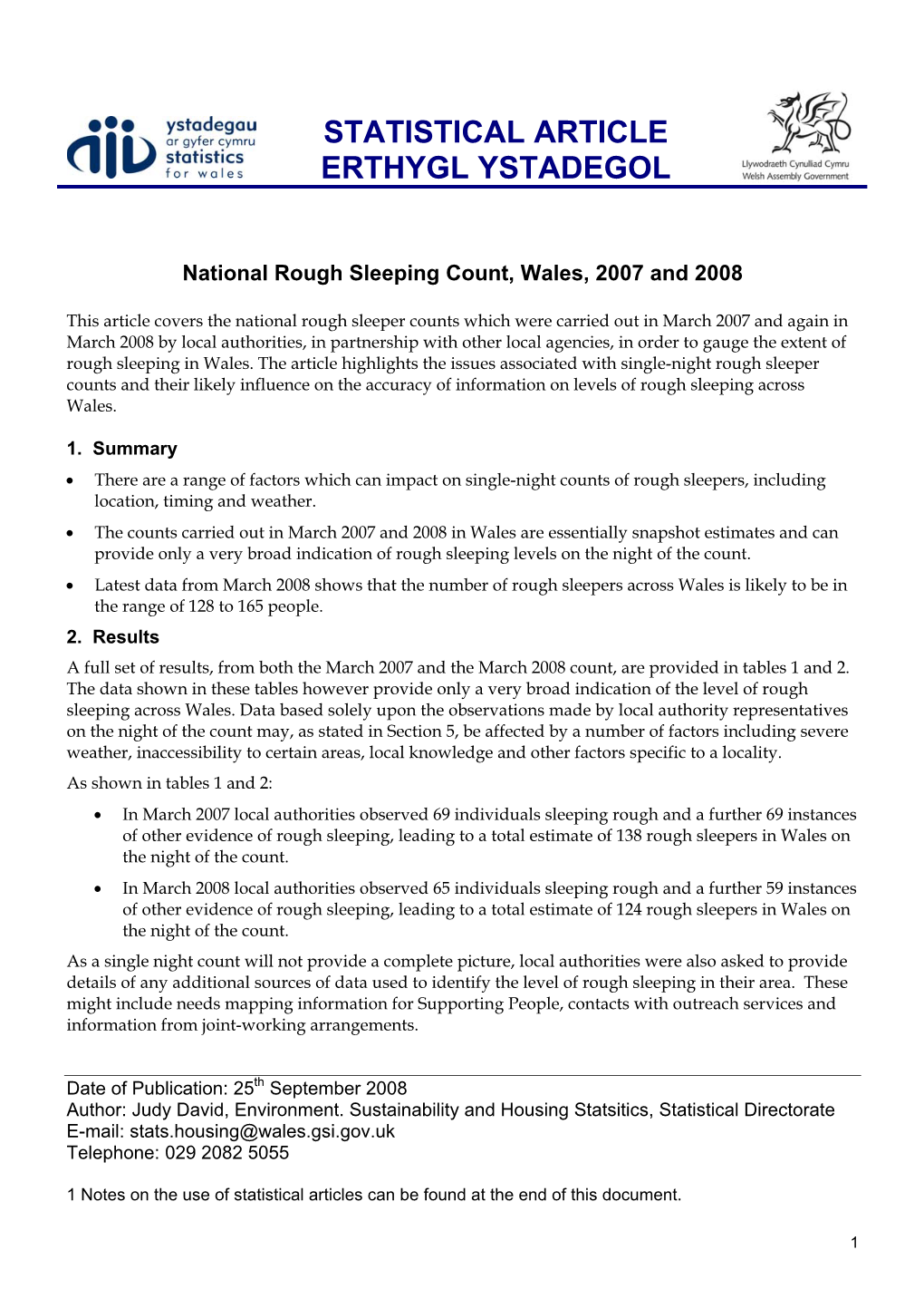 National Rough Sleeping Count, Wales, 2007 and 2008