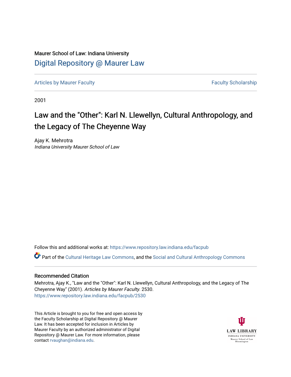 Karl N. Llewellyn, Cultural Anthropology, and the Legacy of the Cheyenne Way