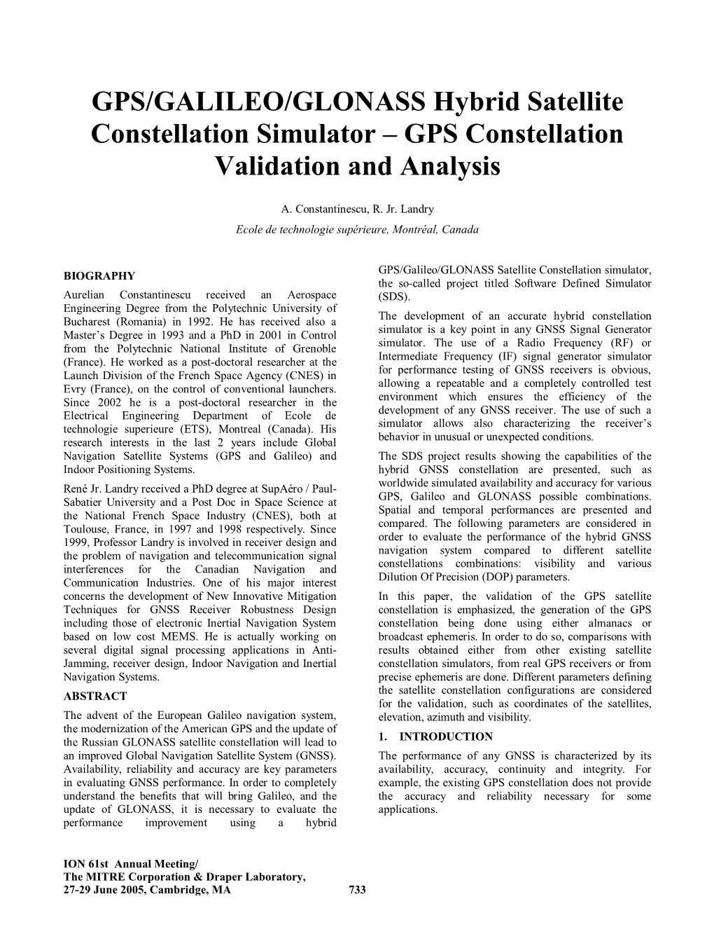 GPS/GALILEO/GLONASS Hybrid Satellite Constellation Simulator – GPS Constellation Validation and Analysis