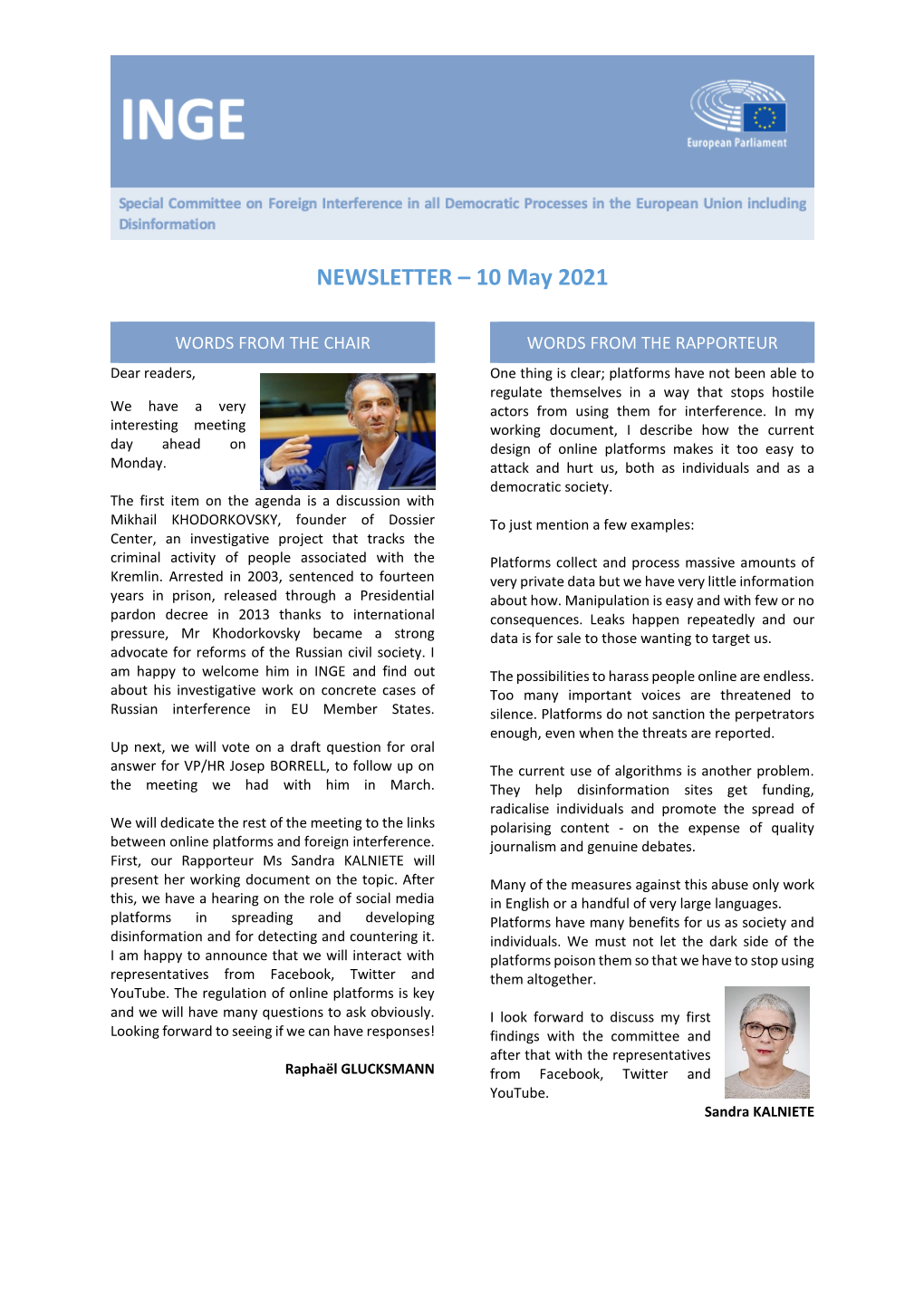 NEWSLETTER – 10 May 2021