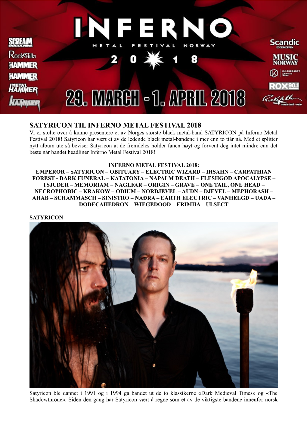 Satyricon Til Inferno Metal Festival 2018