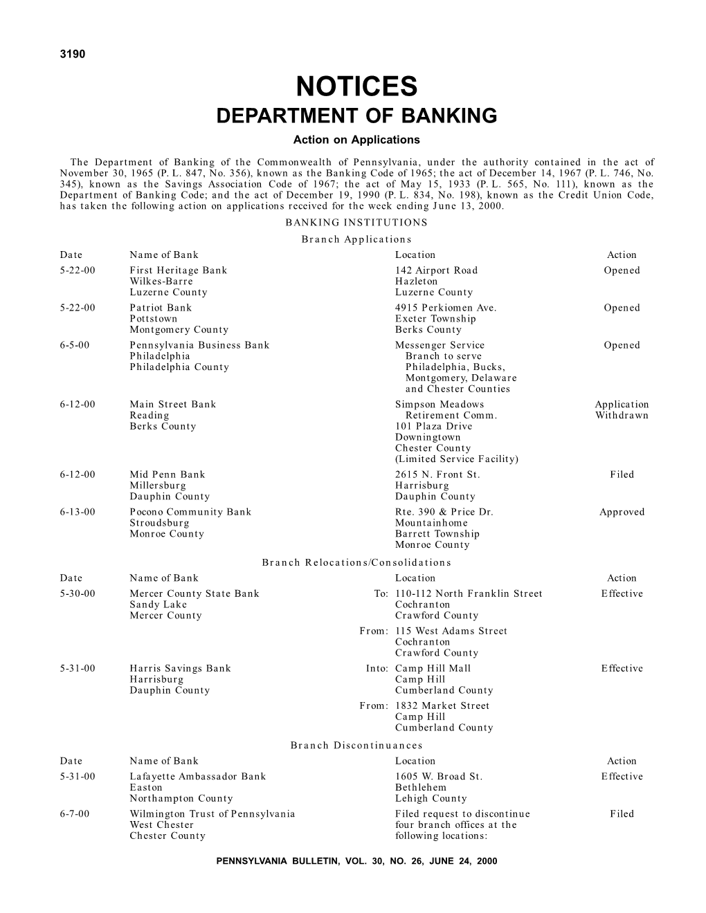 NOTICES DEPARTMENT of BANKING Action on Applications