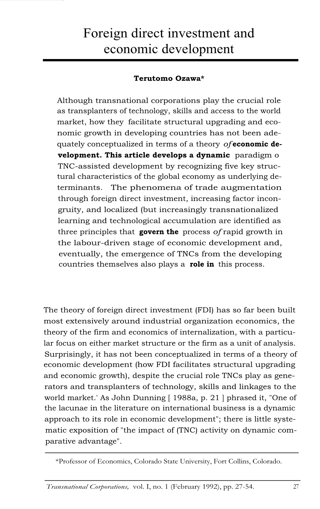 Foreign Direct Investment and Economic Development