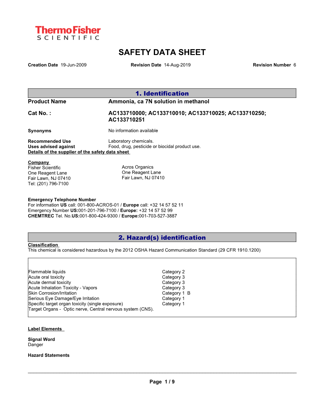 Ammonia, Ca 7N Solution in Methanol