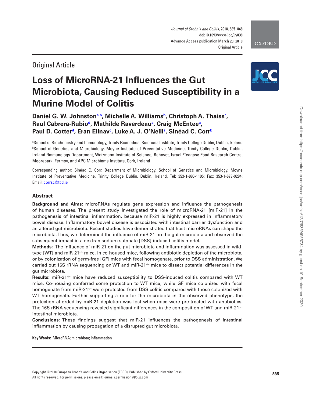 Loss of Microrna-21 Influences the Gut Microbiota, Causing Reduced Susceptibility in a Murine Model of Colitis