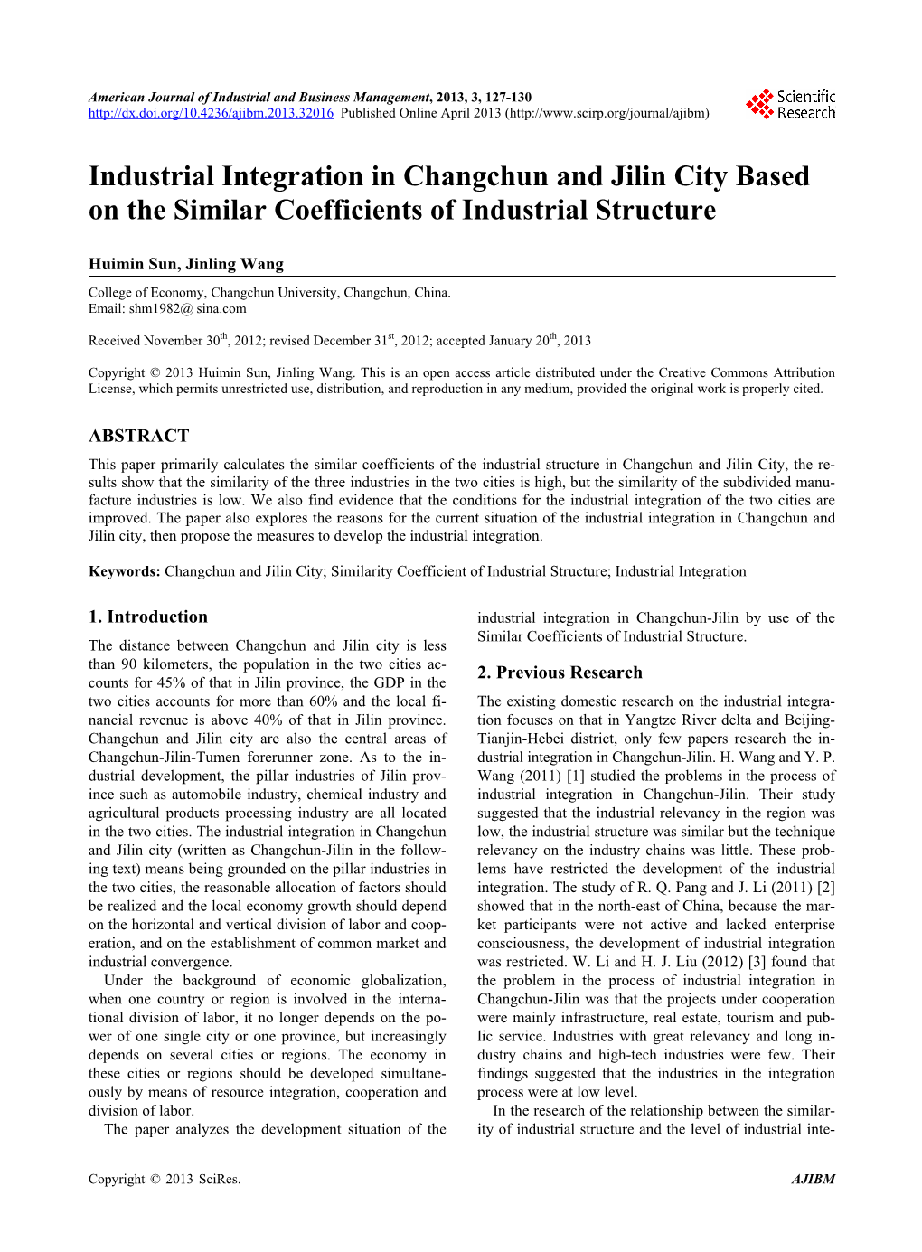 Industrial Integration in Changchun and Jilin City Based on the Similar Coefficients of Industrial Structure