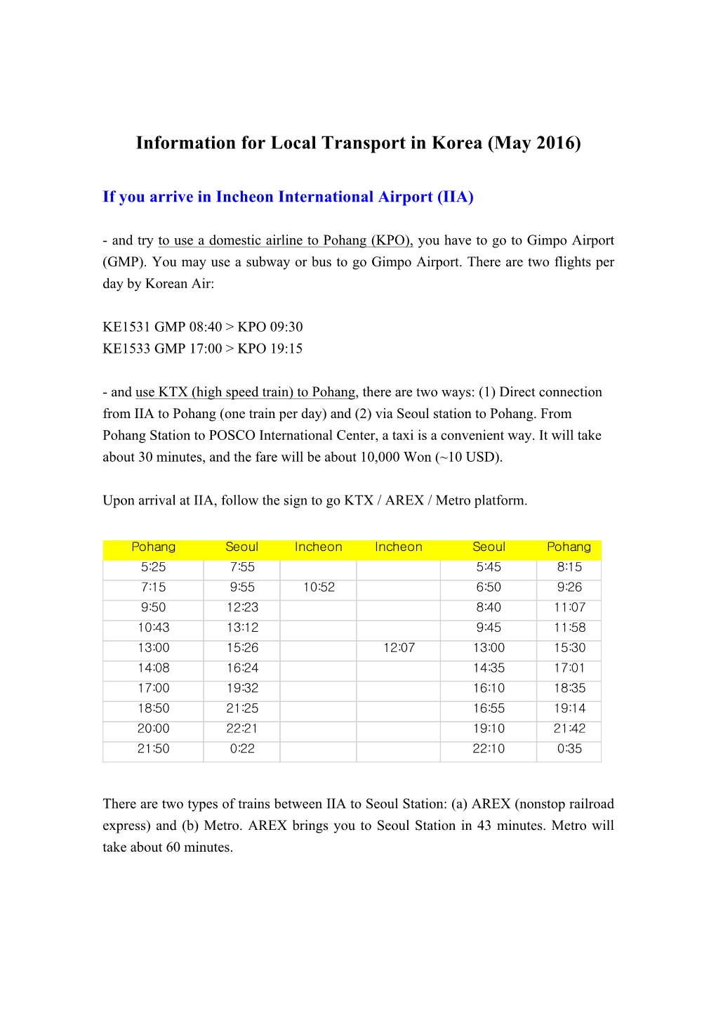 Information for Local Transport in Korea (May 2016)