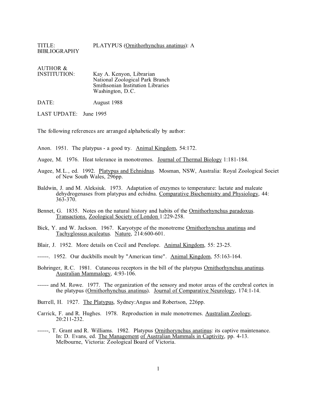 Ornithorhynchus Anatinus): a BIBLIOGRAPHY