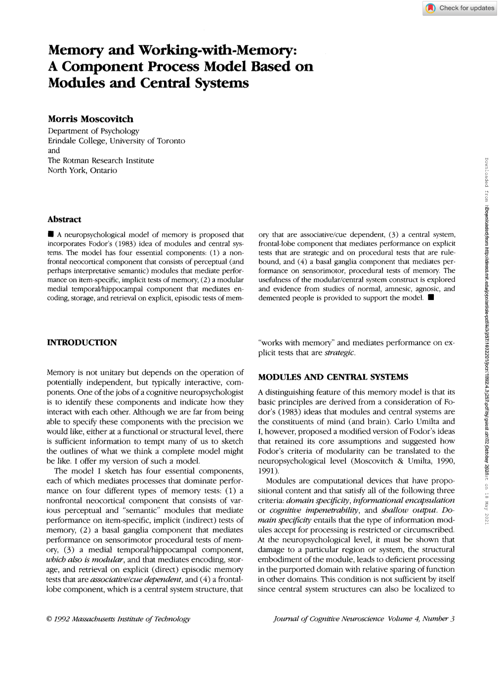 A Component Process Model Based on Modules and Central Systems