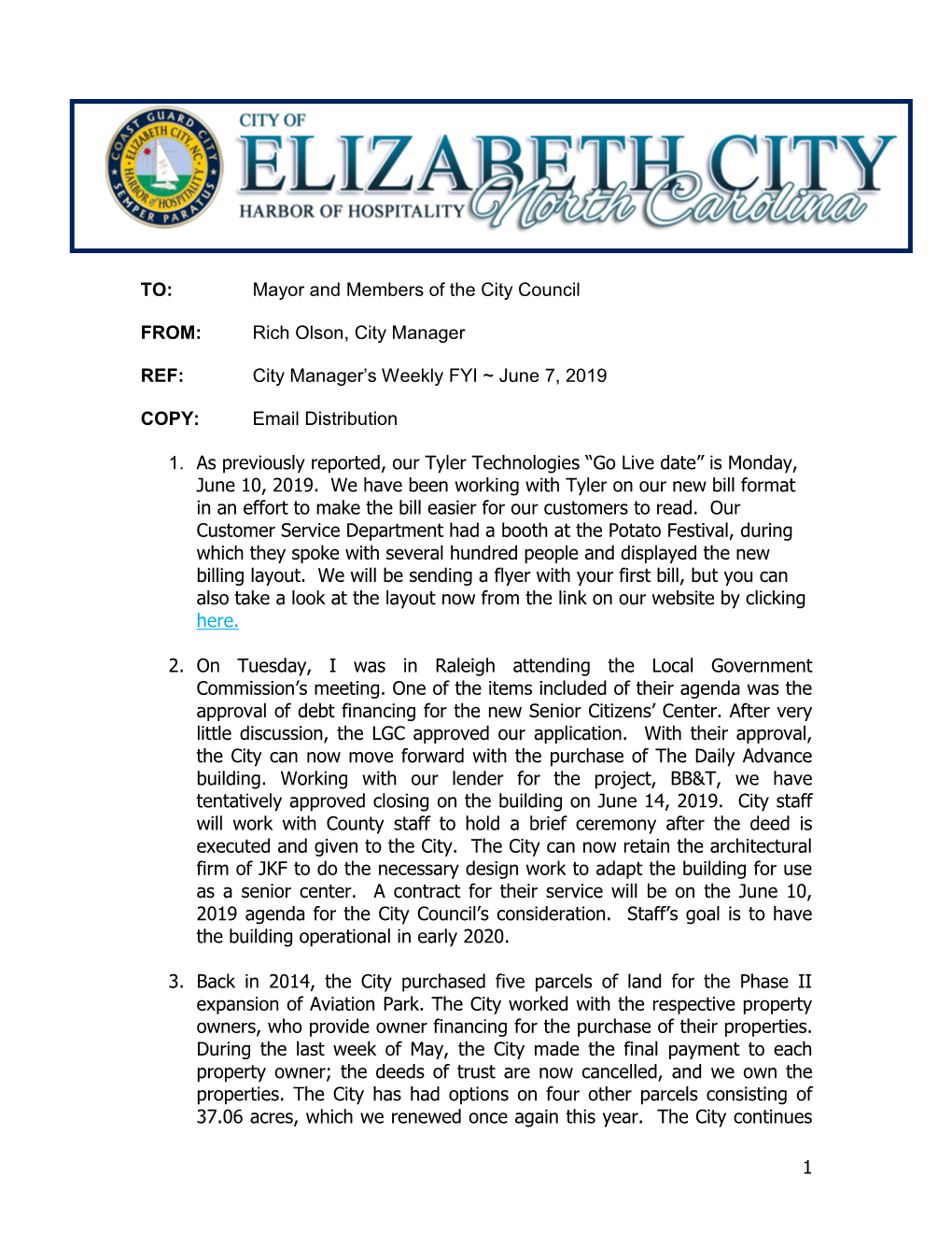 City Manager's Weekly FYI ~ June 7, 2019