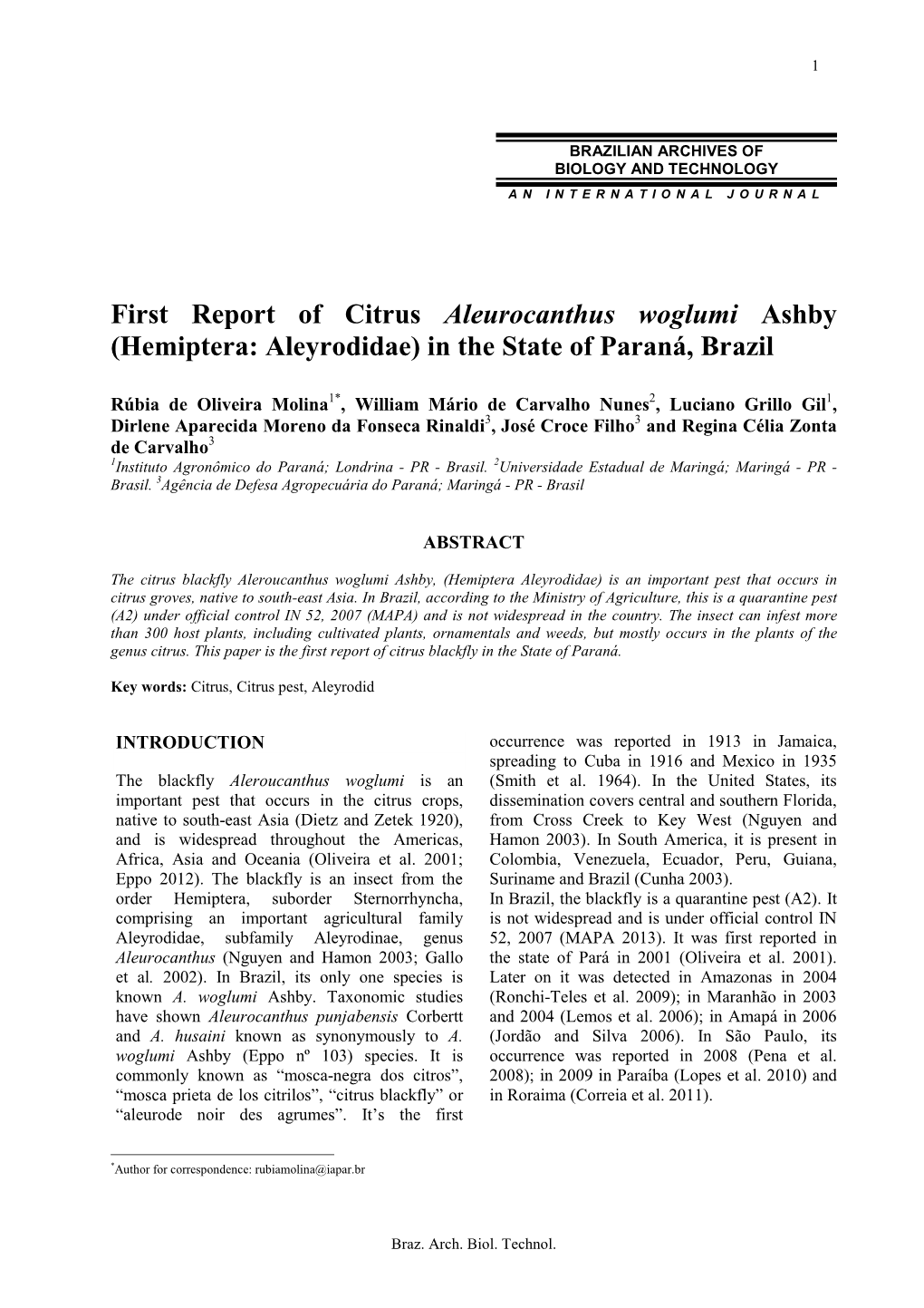 First Report of Citrus Aleurocanthus Woglumi Ashby (Hemiptera: Aleyrodidae) in the State of Paraná, Brazil