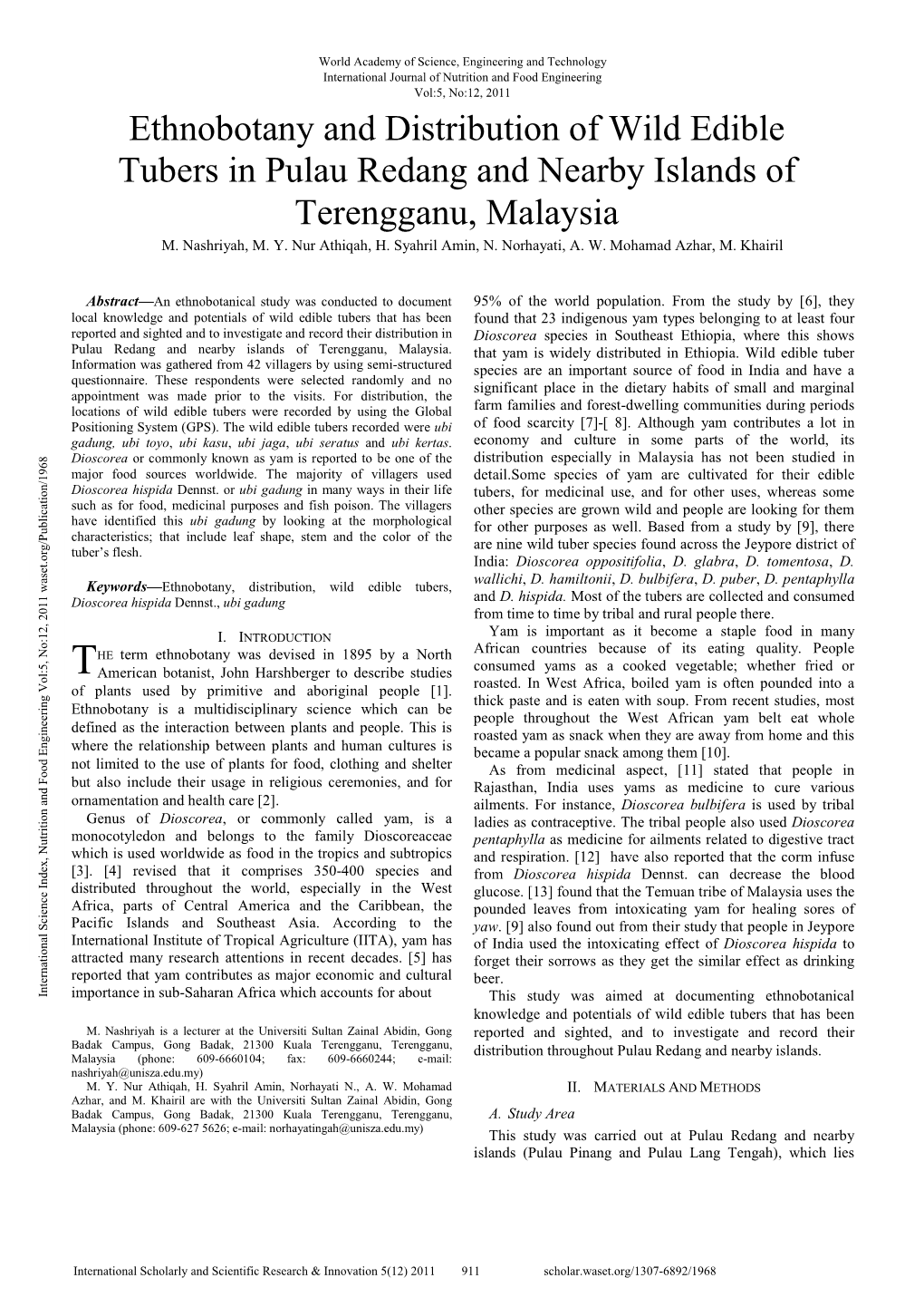 Ethnobotany and Distribution of Wild Edible Tubers in Pulau Redang and Nearby Islands of Terengganu, Malaysia M