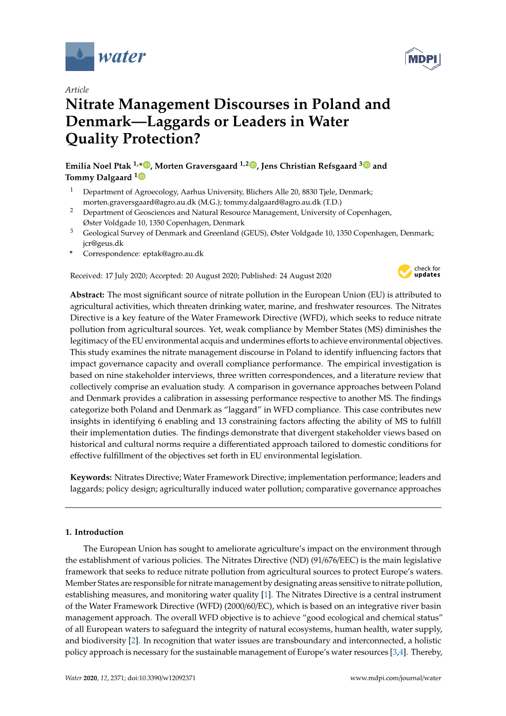 Nitrate Management Discourses in Poland and Denmark—Laggards Or Leaders in Water Quality Protection?