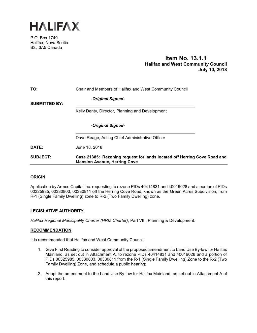 Case 21385: Rezoning Request for Lands Located Off Herring Cove Road and Mansion Avenue, Herring Cove