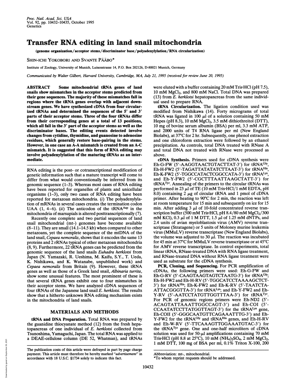 Transfer RNA Editing in Land Snail Mitochondria