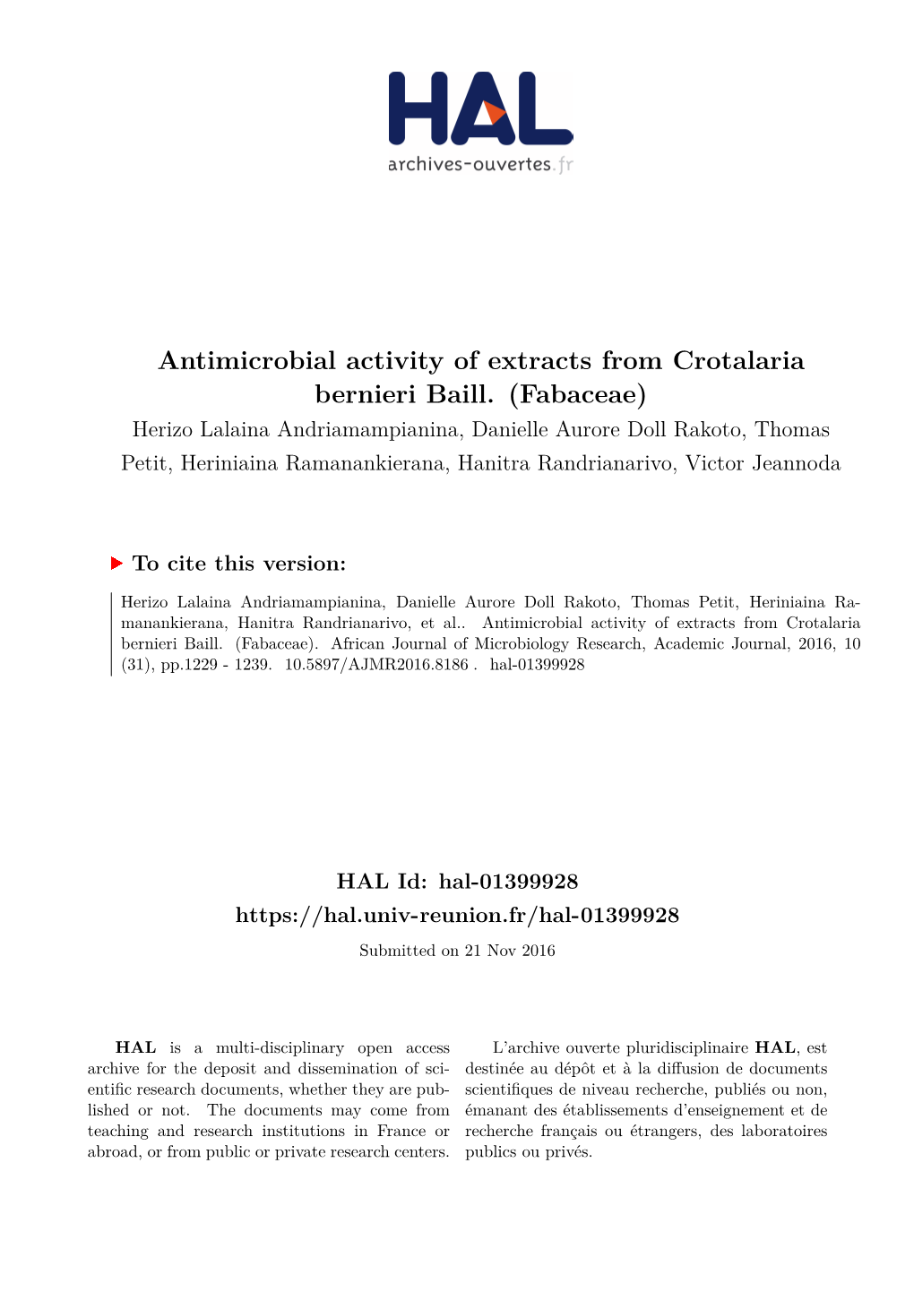 Antimicrobial Activity of Extracts from Crotalaria Bernieri Baill. (Fabaceae)