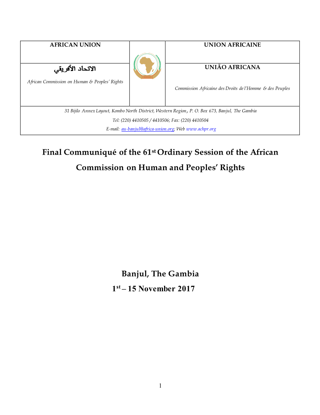 Final Communiqué of the 61St Ordinary Session of the African Commission on Human and Peoples’ Rights