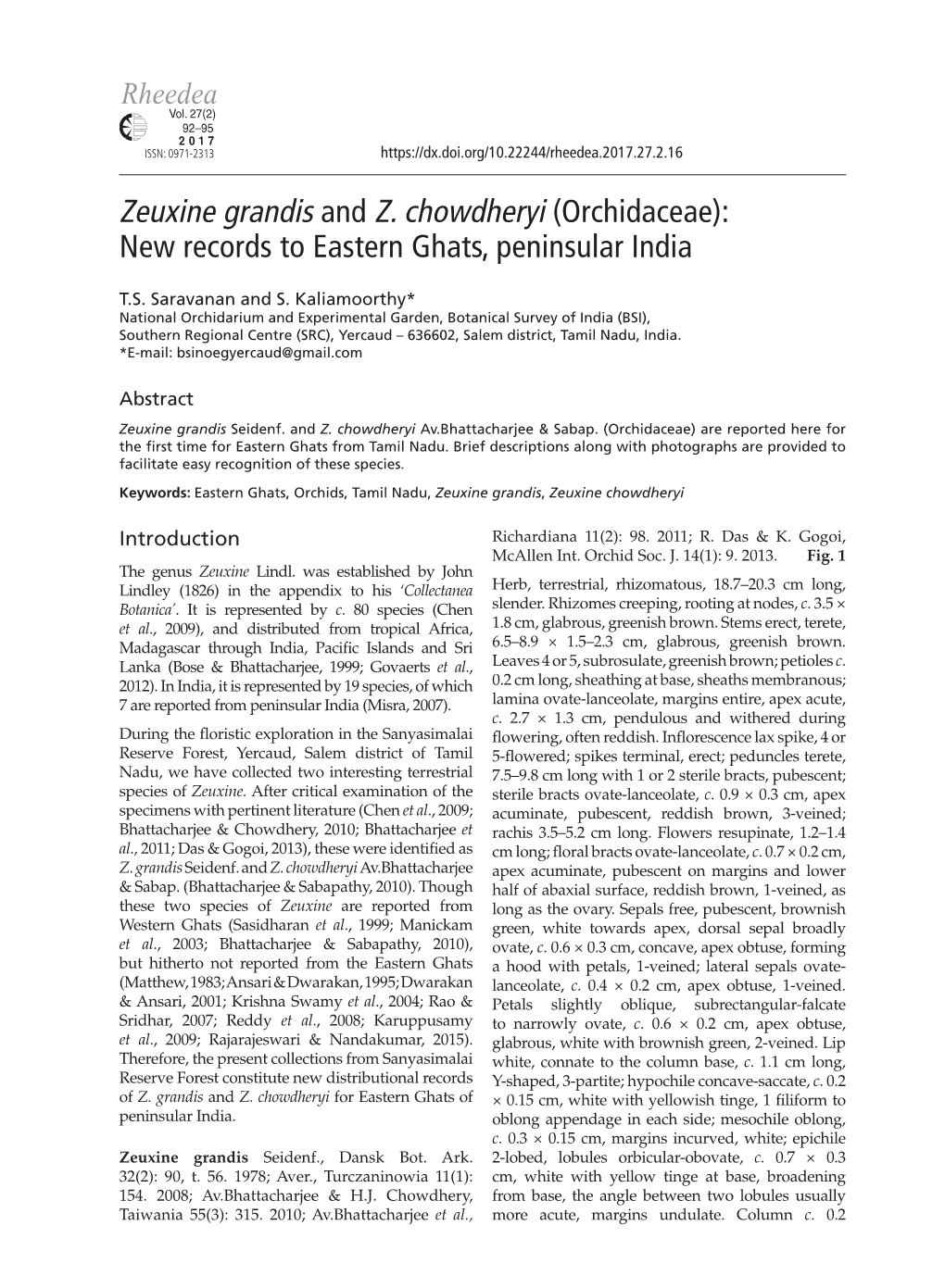 Zeuxine Grandis and Z. Chowdheryi (Orchidaceae): New Records to Eastern Ghats, Peninsular India