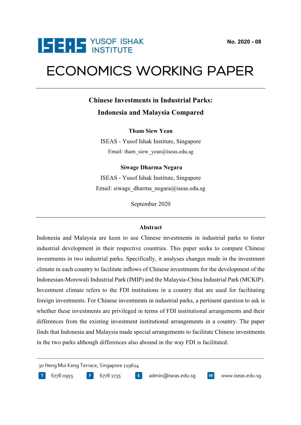 Chinese Investments in Industrial Parks: Indonesia and Malaysia Compared