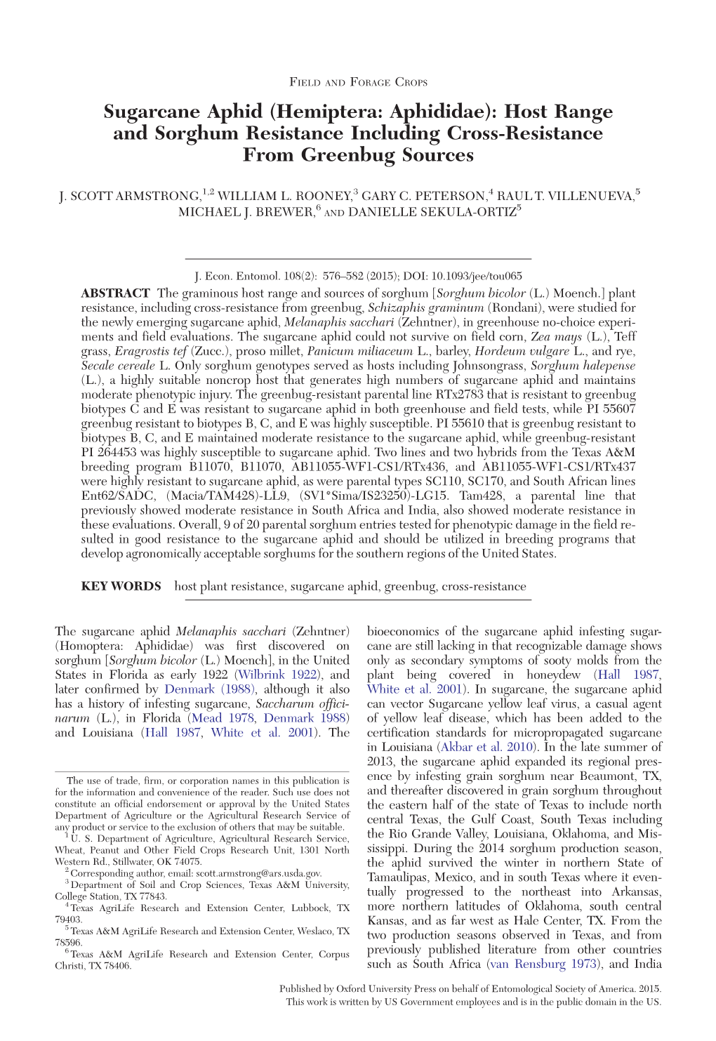 Sugarcane Aphid (Hemiptera: Aphididae): Host Range and Sorghum Resistance Including Cross-Resistance from Greenbug Sources