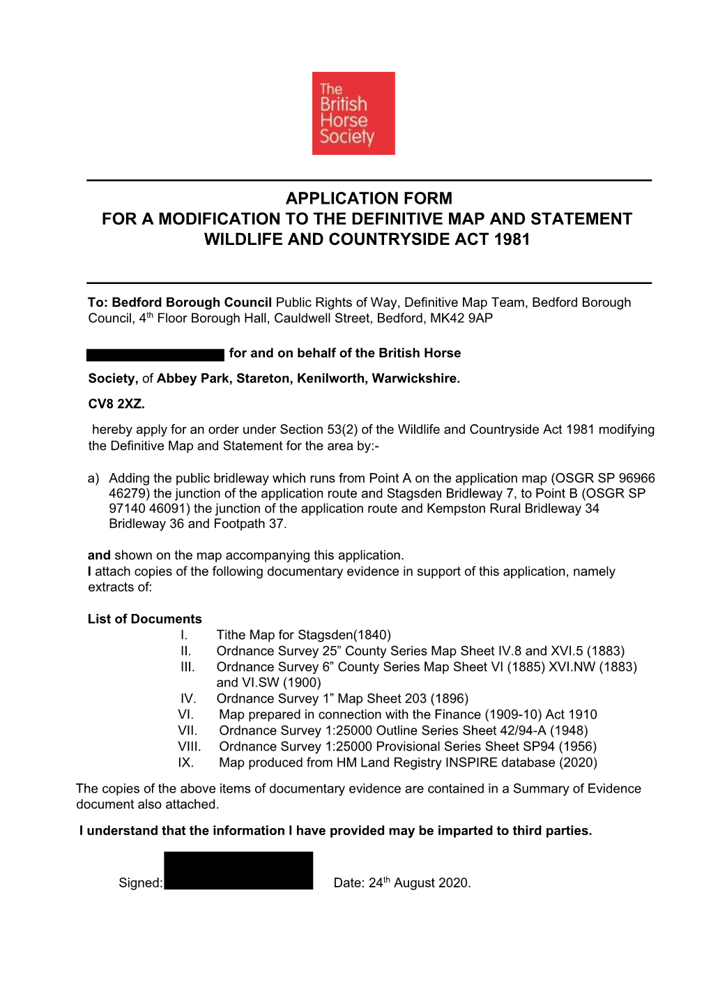 Application Form for a Modification to the Definitive Map and Statement Wildlife and Countryside Act 1981