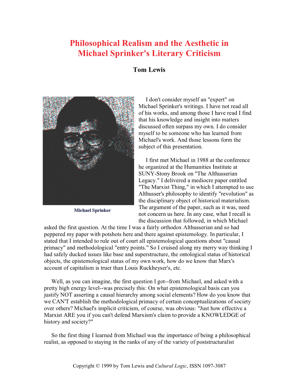 Tom Lewis: "Philosophical Realism & the Aesthetic in Michael Sprinker's