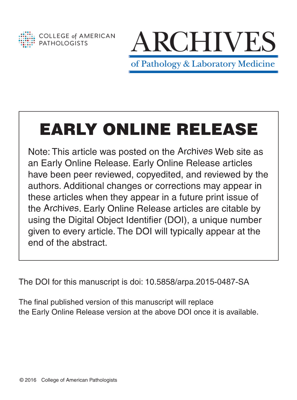 EARLY ONLINE RELEASE Note: This Article Was Posted on the Archives Web Site As an Early Online Release