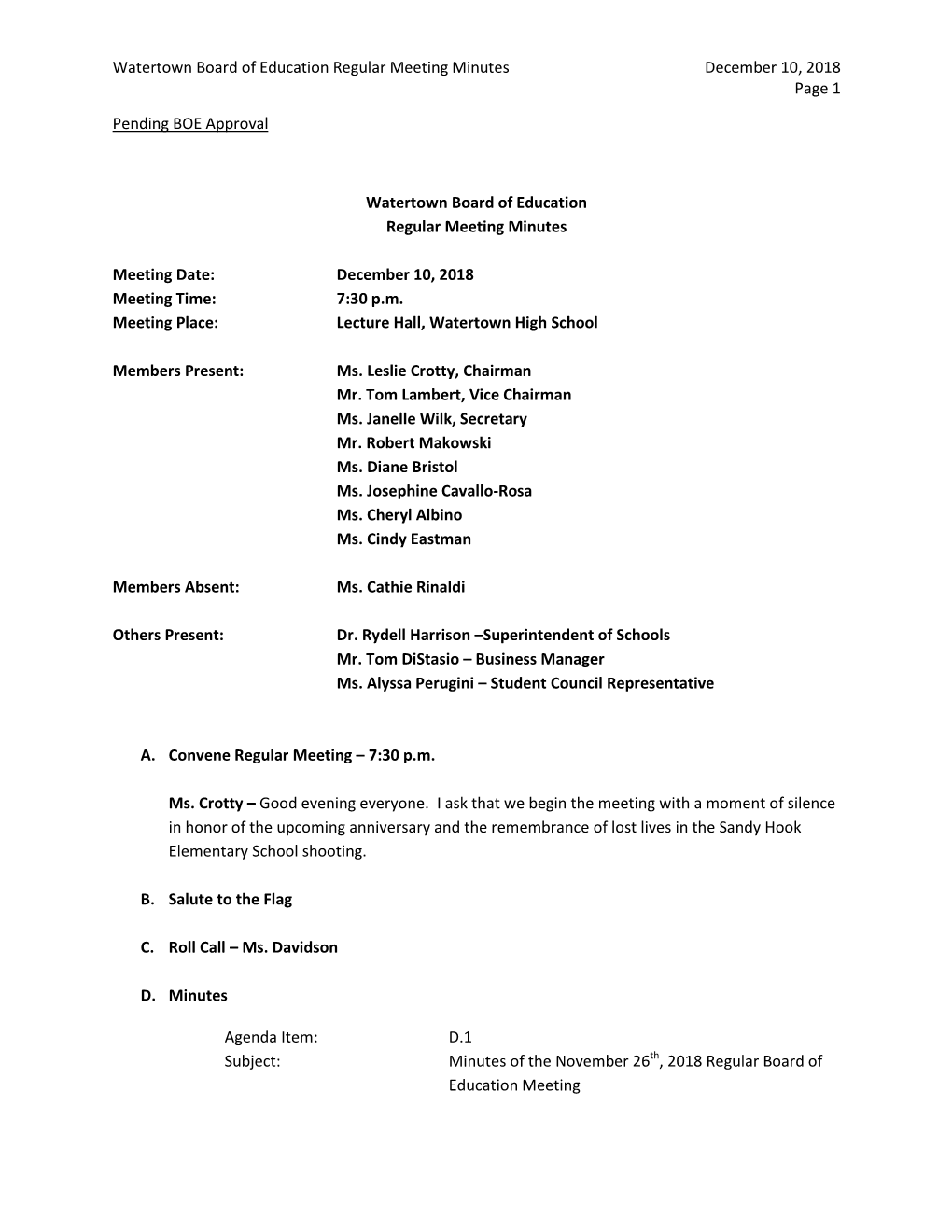 Watertown Board of Education Regular Meeting Minutes December 10 , 2018 Page 1