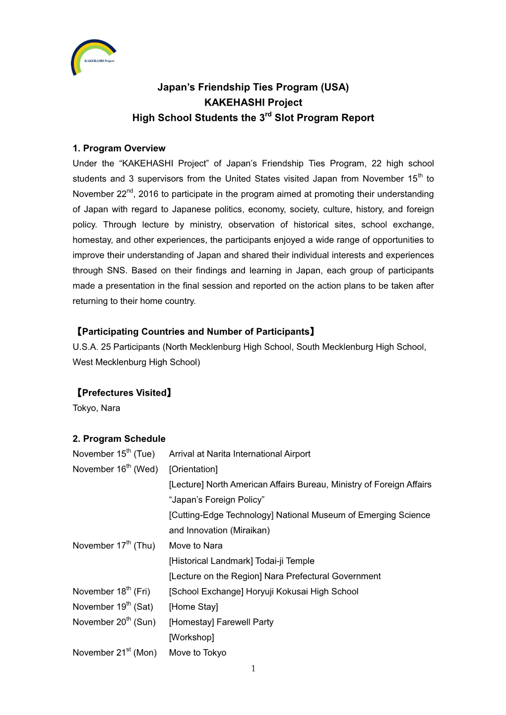 KAKEHASHI Project High School Students the 3 Slot Program Report