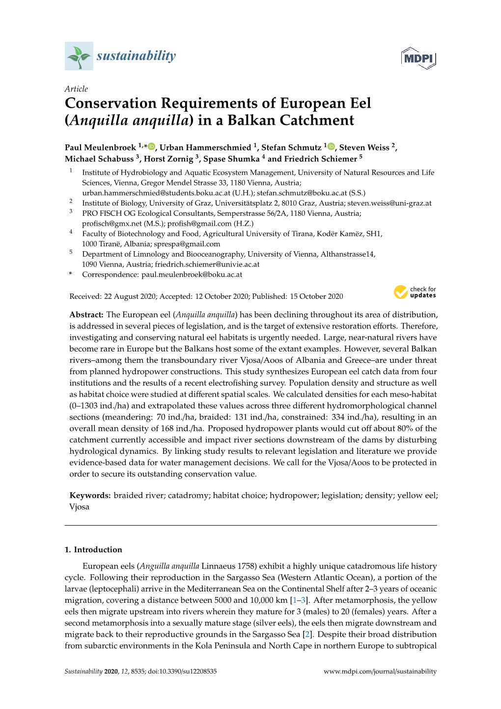 Conservation Requirements of European Eel (Anquilla Anquilla) in a Balkan Catchment