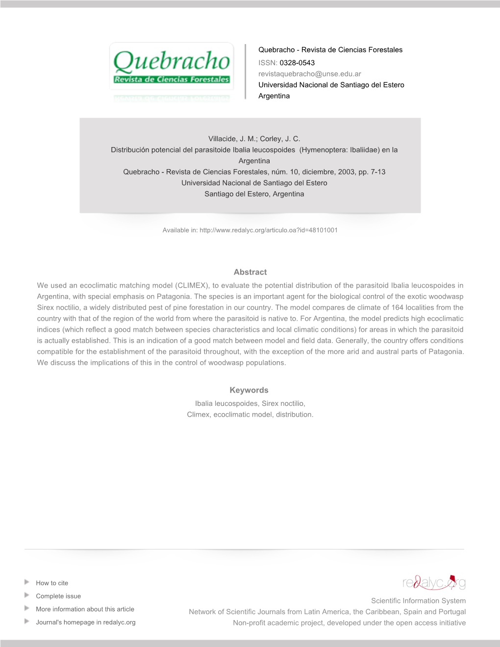 Redalyc. Distribución Potencial Del Parasitoide Ibalia Leucospoides