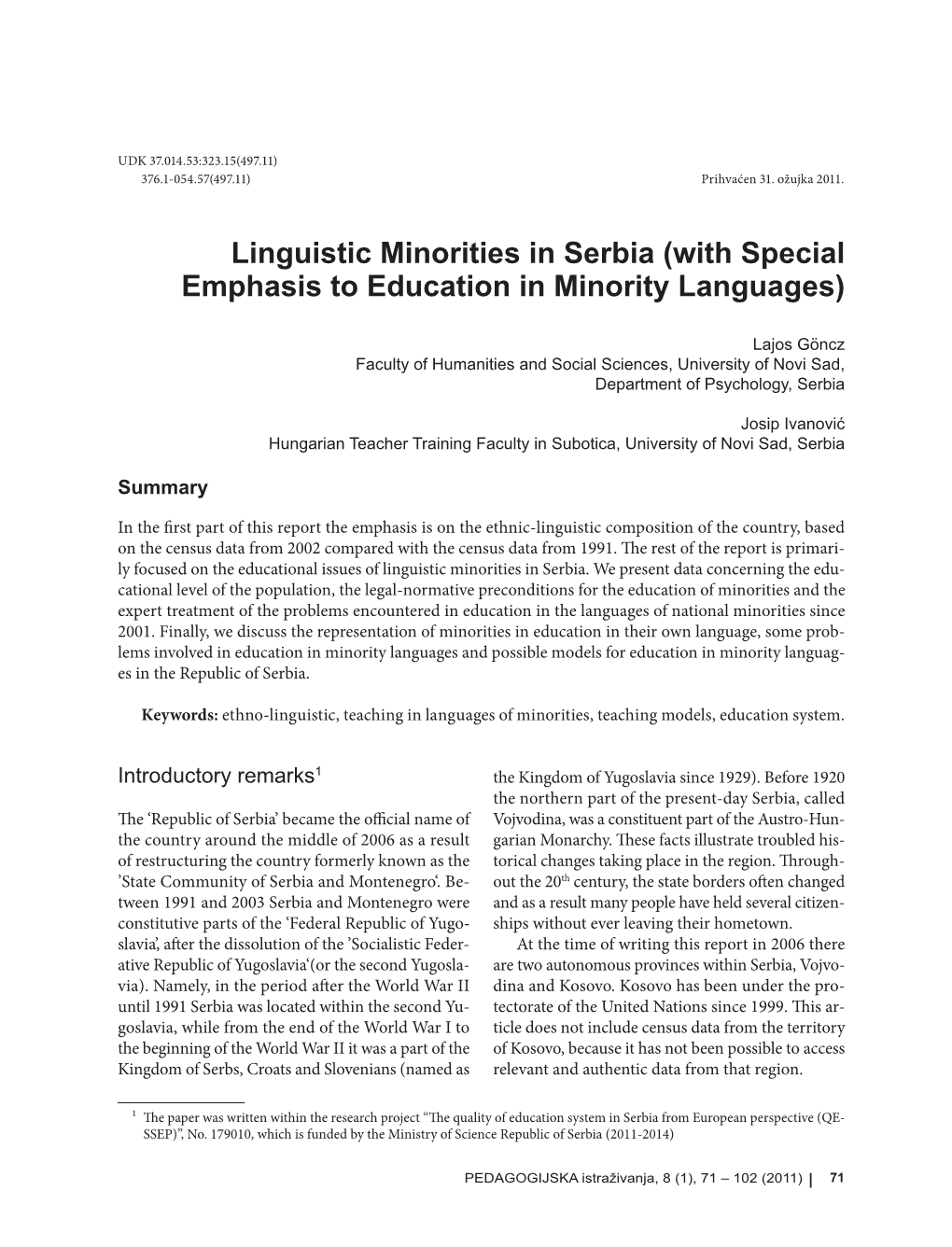 Linguistic Minorities in Serbia (With Special Emphasis to Education in Minority Languages)