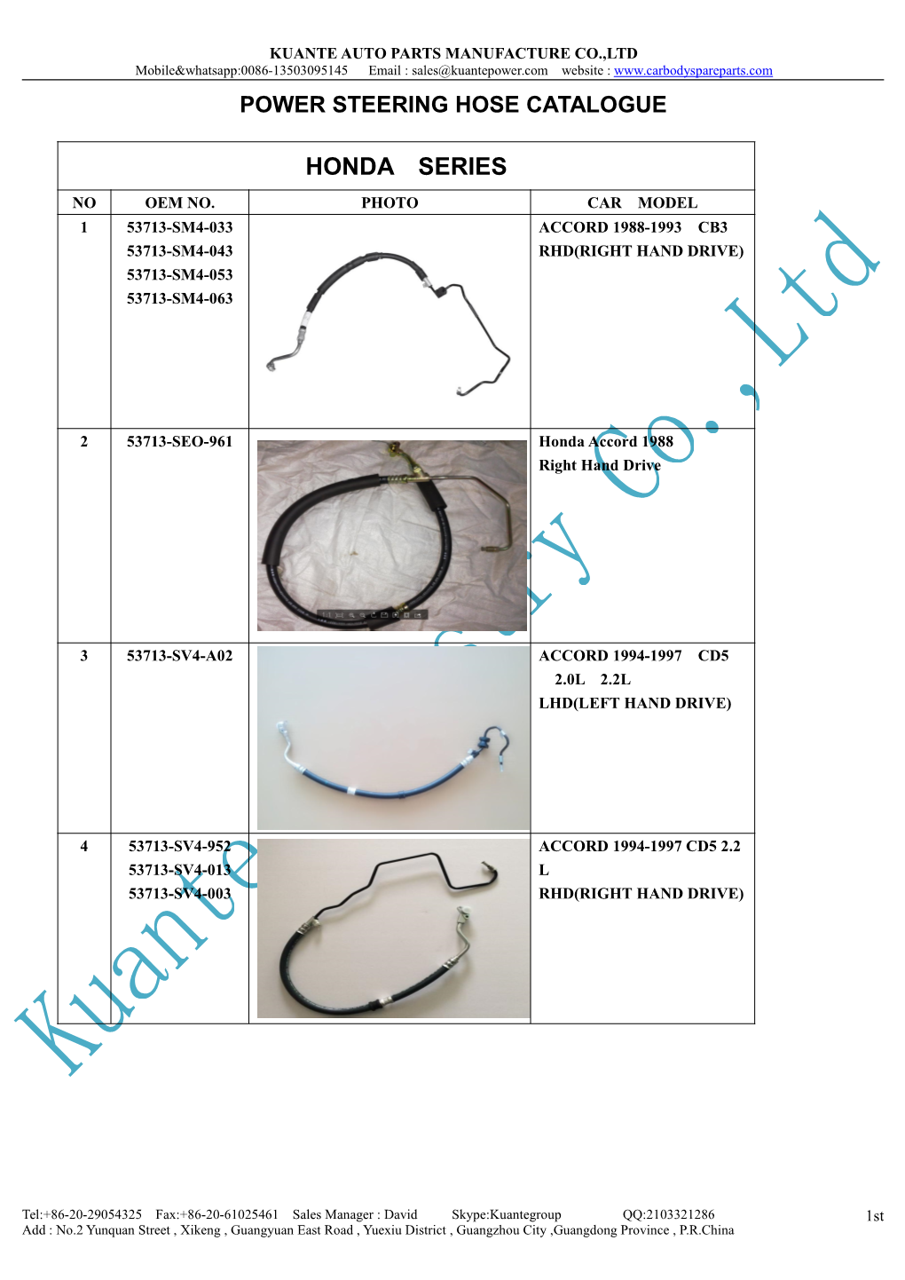 Power Steering Hose Catalogue Honda Series