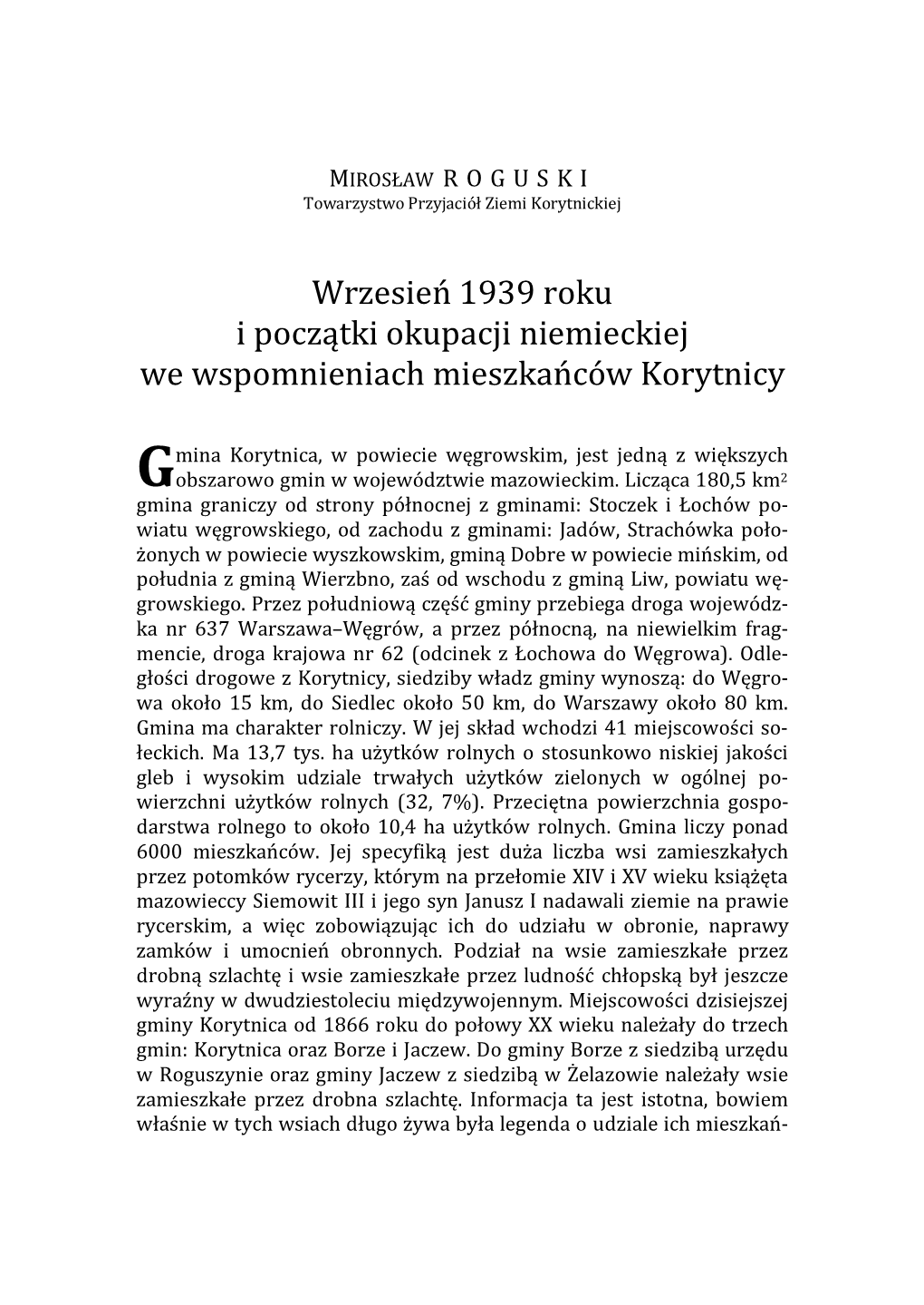 Wrzesień 1939 Roku I Początki Okupacji Niemieckiej We Wspomnieniach Mieszkańców Korytnicy