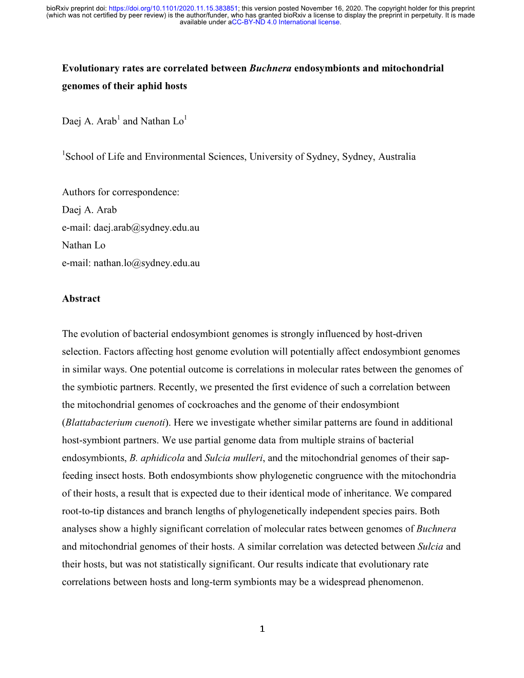 Evolutionary Rates Are Correlated Between Buchnera Endosymbionts and Mitochondrial Genomes of Their Aphid Hosts