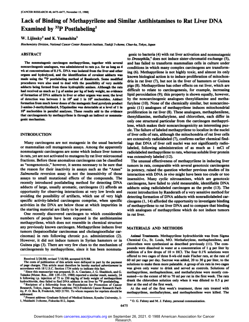 Lack of Binding of Methapyrilene and Similar Antihistamines to Rat Liver DNA Examined by 32Ppostlabeling1