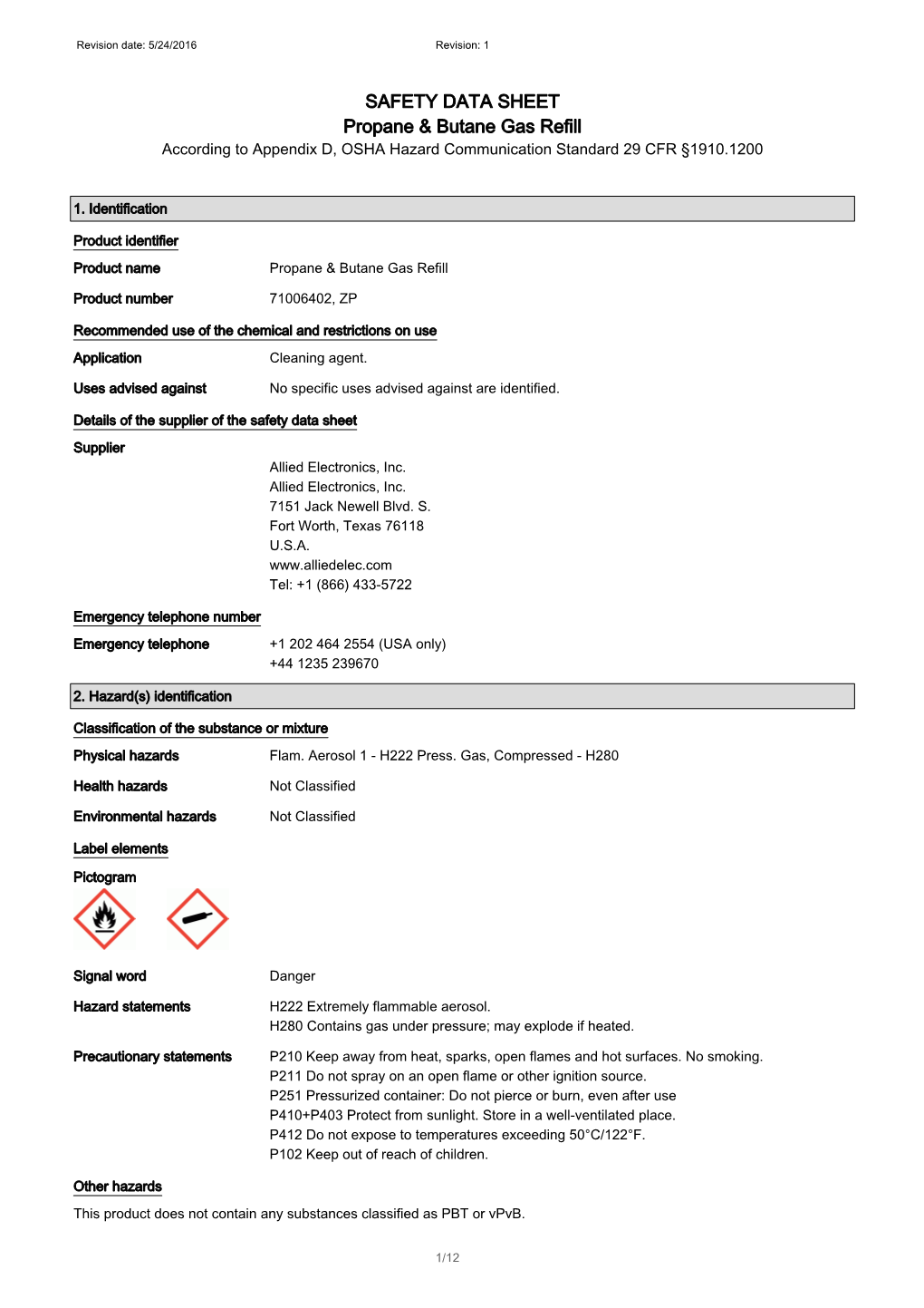 SAFETY DATA SHEET Propane & Butane Gas Refill