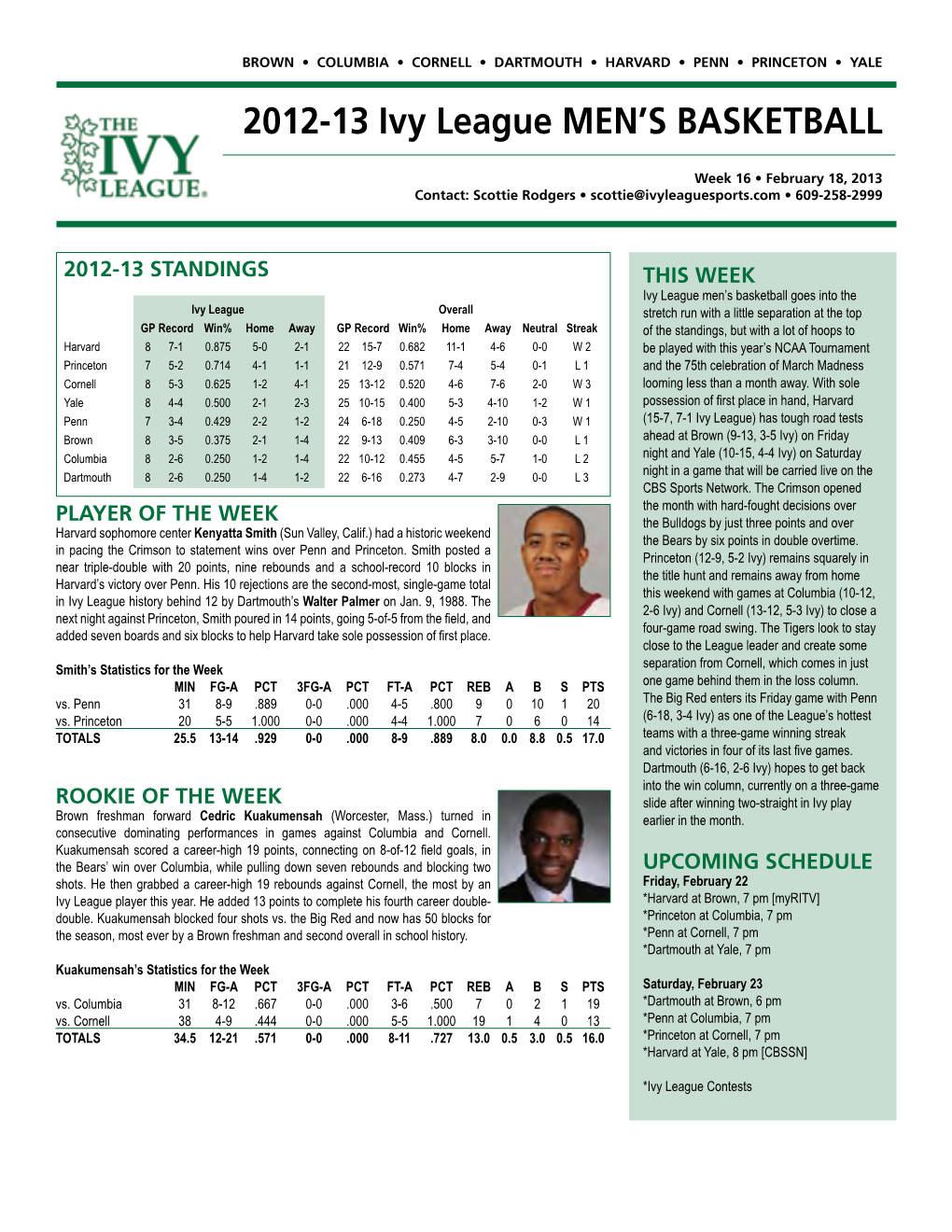 2012-13 Ivy League Men's Basketball INDIVIDUAL BASKETBALL STATISTICS Through Games of Feb 16, 2013 (All Games)