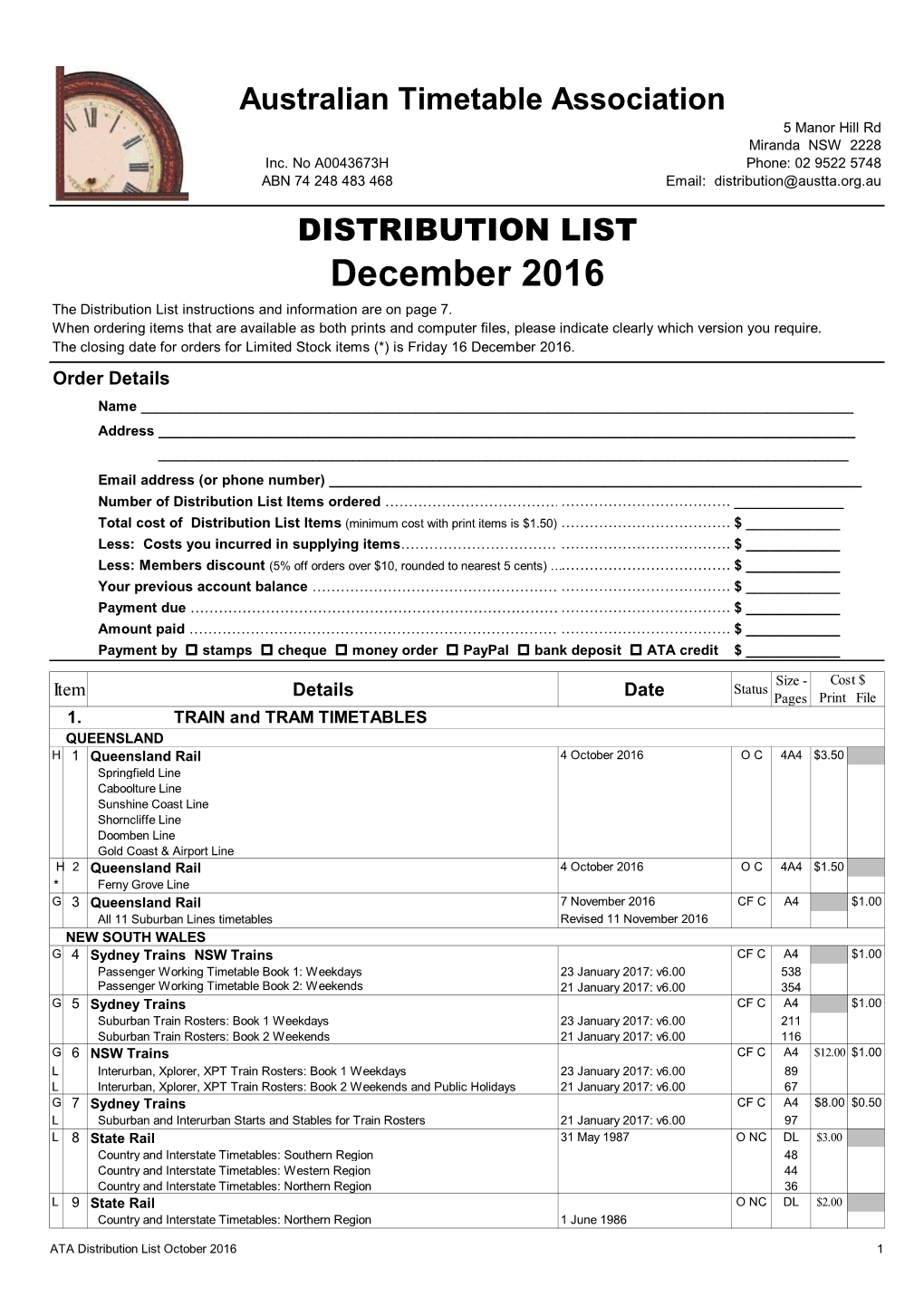 December 2016 the Distribution List Instructions and Information Are on Page 7