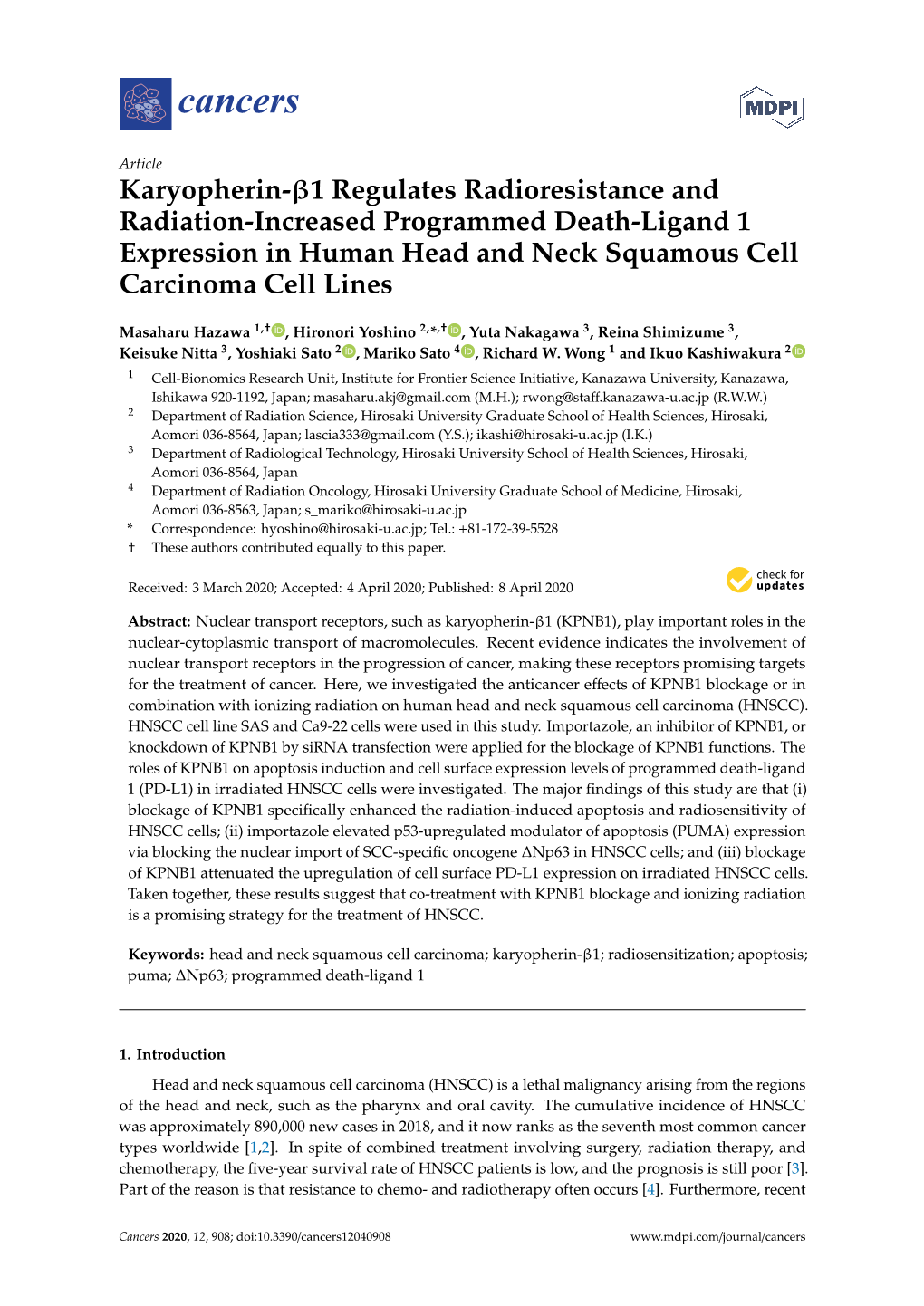 Karyopherin-Β1 Regulates Radioresistance and Radiation-Increased Programmed Death-Ligand 1 Expression in Human Head and Neck Squamous Cell Carcinoma Cell Lines