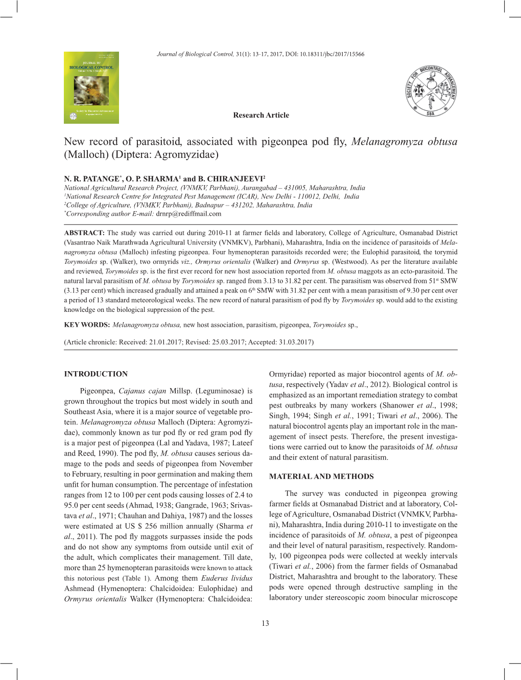 New Record of Parasitoid, Associated with Pigeonpea Pod Fly, Melanagromyza Obtusa (Malloch) (Diptera: Agromyzidae)