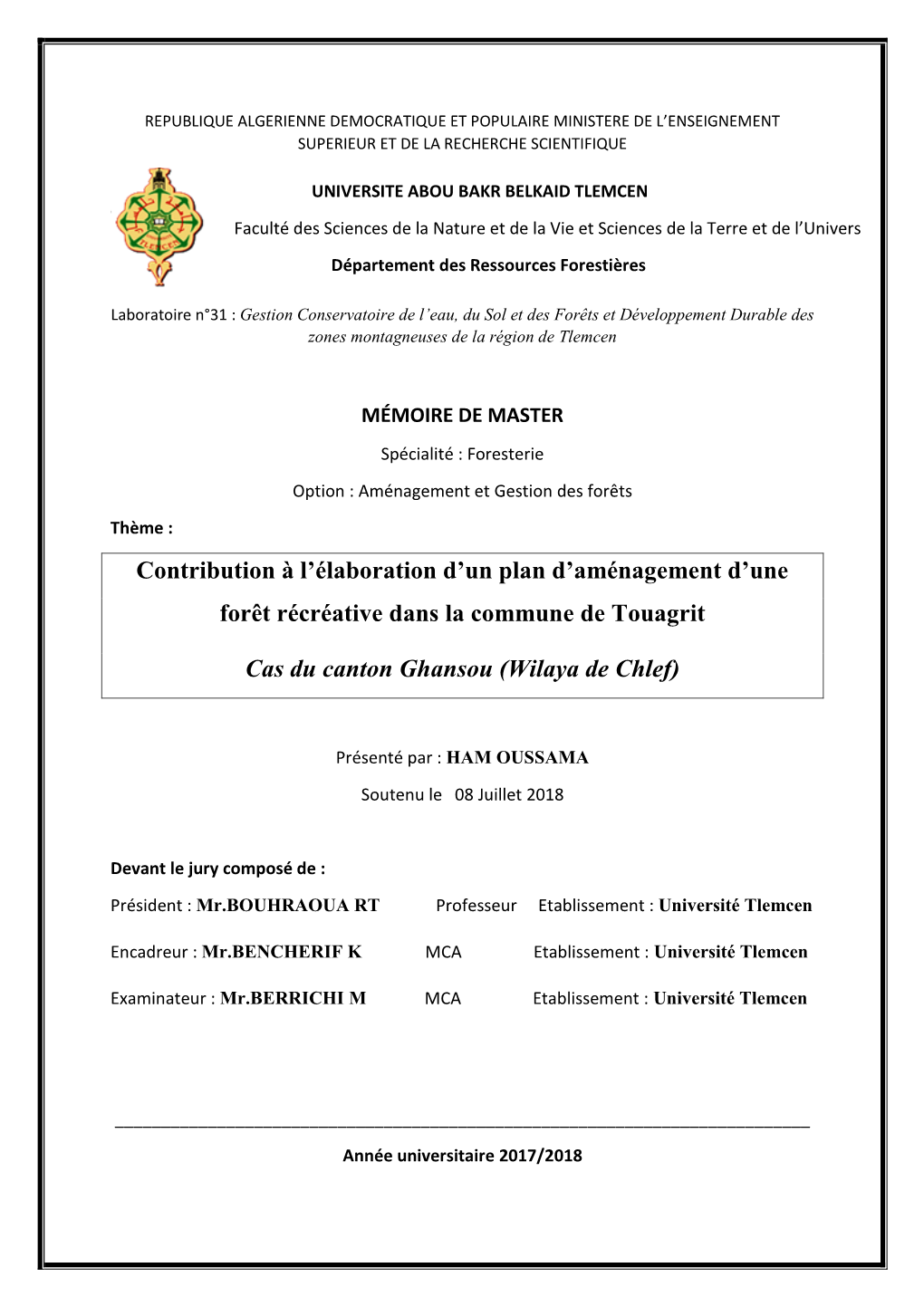 Contribution À L'élaboration D'un Plan D'aménagement D'une Forêt