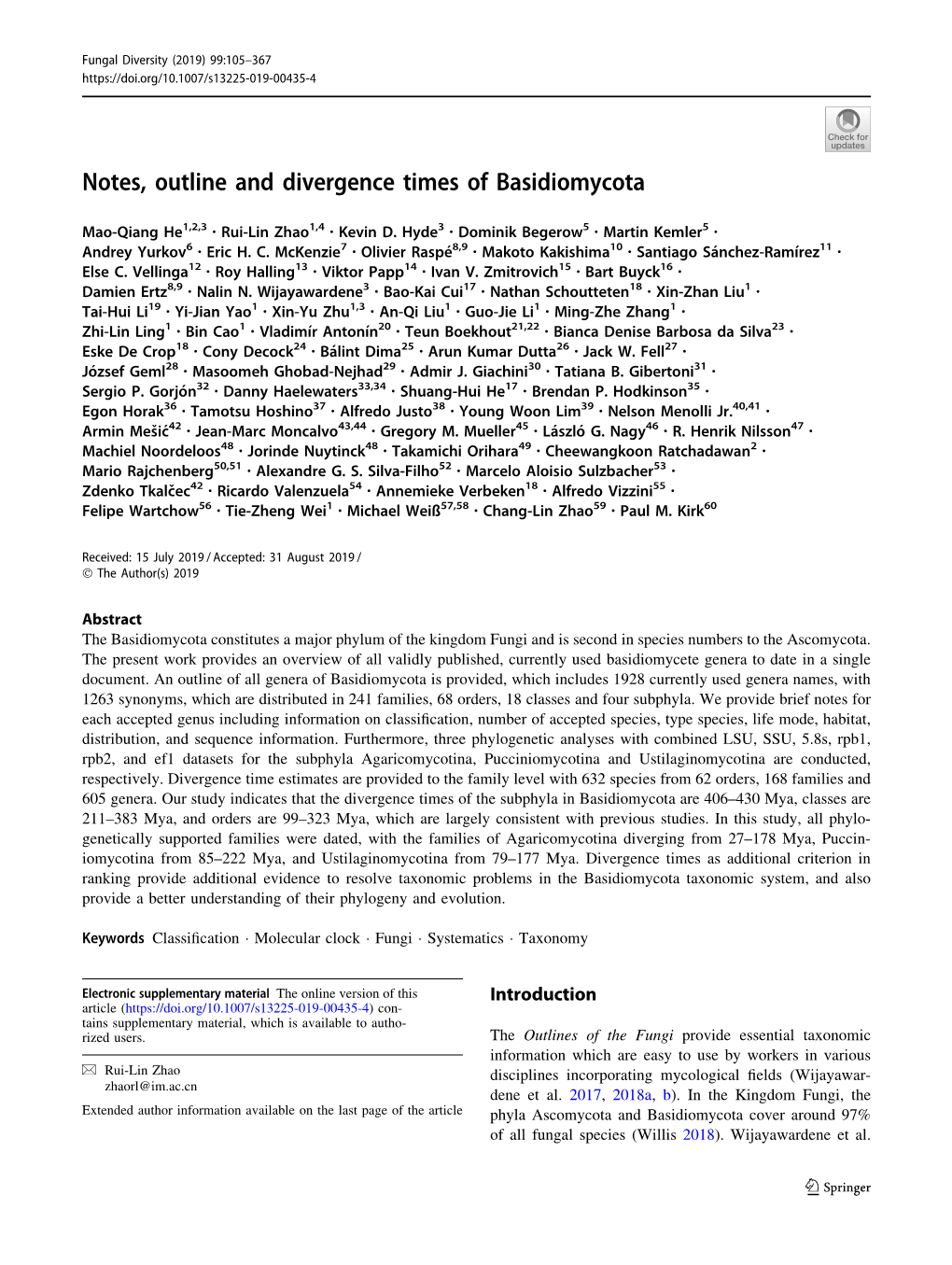 Notes, Outline and Divergence Times of Basidiomycota