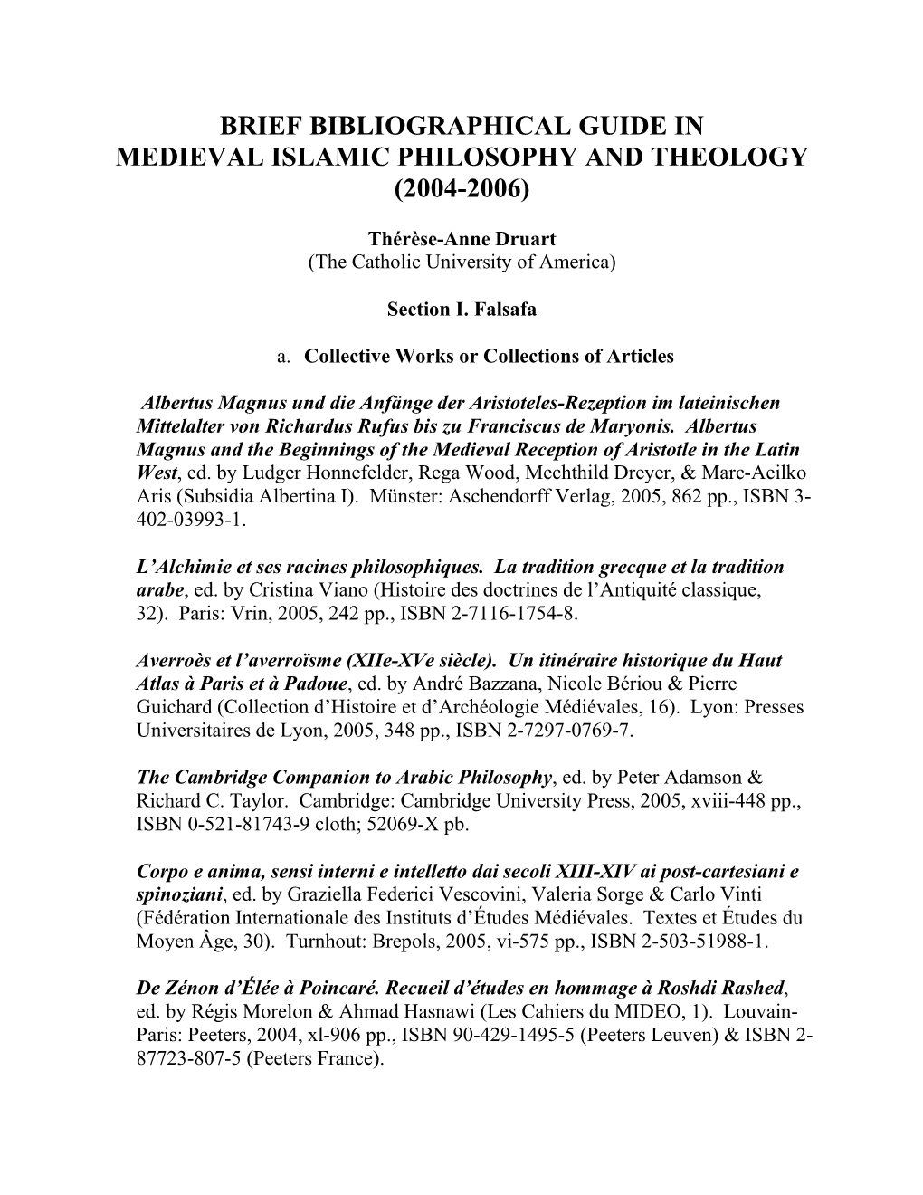 Brief Bibliographic Guide in Medieval Islamic Philosophy and Theology