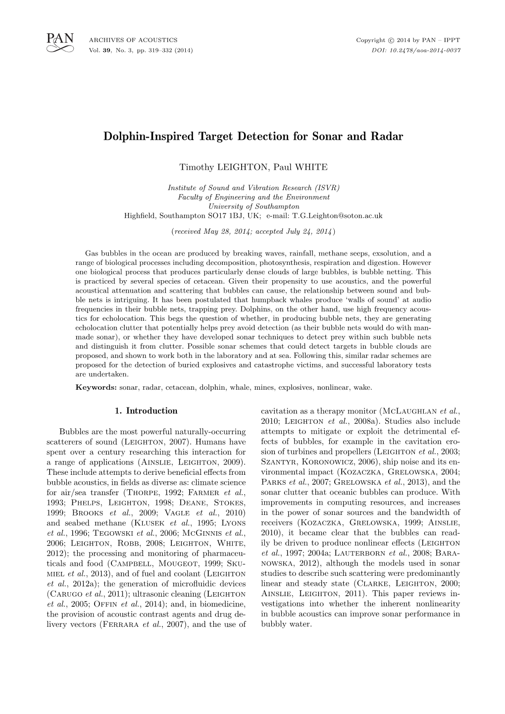 Dolphin-Inspired Target Detection for Sonar and Radar