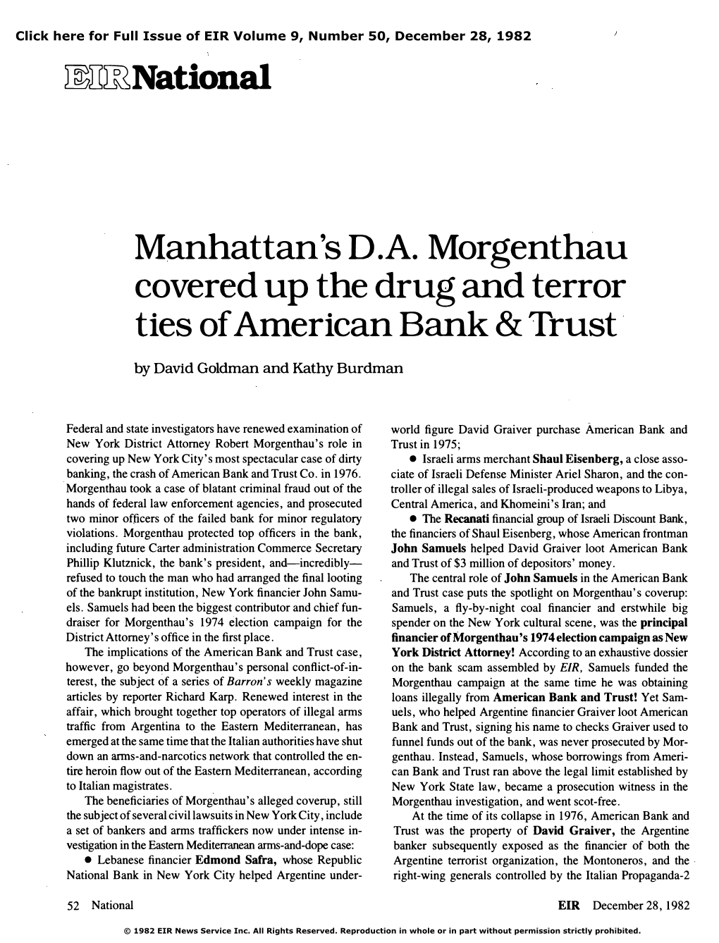 Manhattan's D.A. Morgenthau Covered up the Drug and Terror Ties of American Bank & Trust